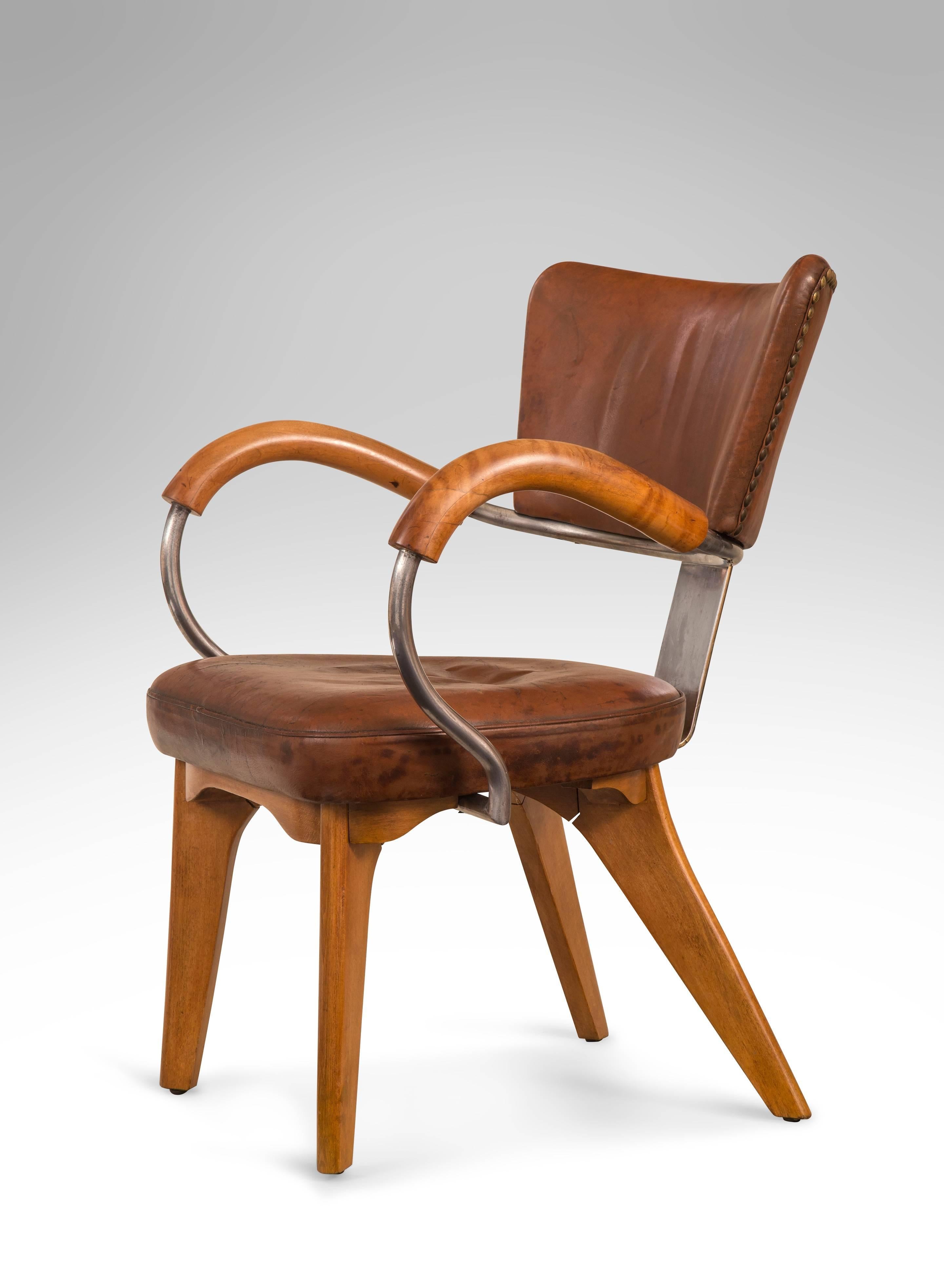 Flemming Lassen, Rare if not Unique Original Leather, Beech and Steel Armchair In Good Condition In New York, NY