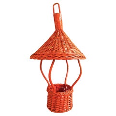 Vintage Woven Hanging Bird Feeder or Planter, 1970s Red, Asian Ethnic Style