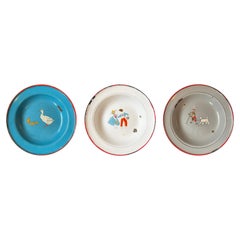 Set of 3 Enamelled Children's Plates around 1930, Hand Painted, Vintage Germany