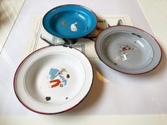 Set of 3 Enamelled Children's Plates around 1930, Hand Painted, Vintage Germany
