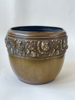 Antique Art Deco Jardiniere or Planter 1920, Brass with Roses Relief