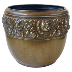Antique Art Deco Jardiniere or Planter 1920, Brass with Roses Relief