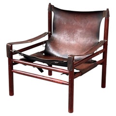 Mid-Century Safari Chair Brown, Wood, Leather Lounge Chair, 1960s, Scandinavia