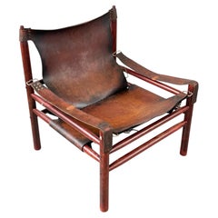 Mid-Century Safari Chair Brown, Wood, Leather Lounge Chair, 1960s, Scandinavia