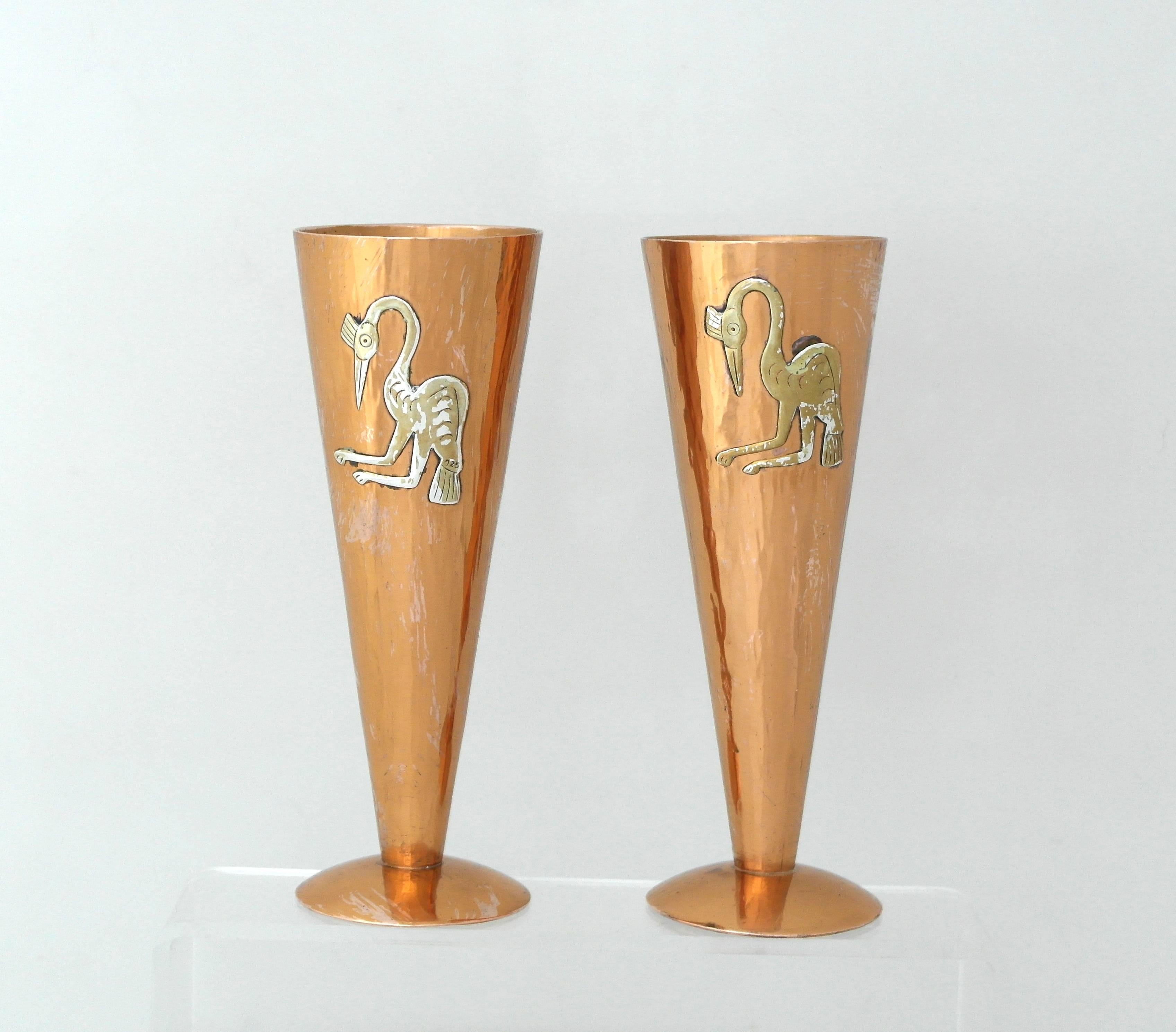 Late 20th Century Charming & Exotic Vicky Peru Applied Silver & Copper, Pair of Vases 1975 For Sale