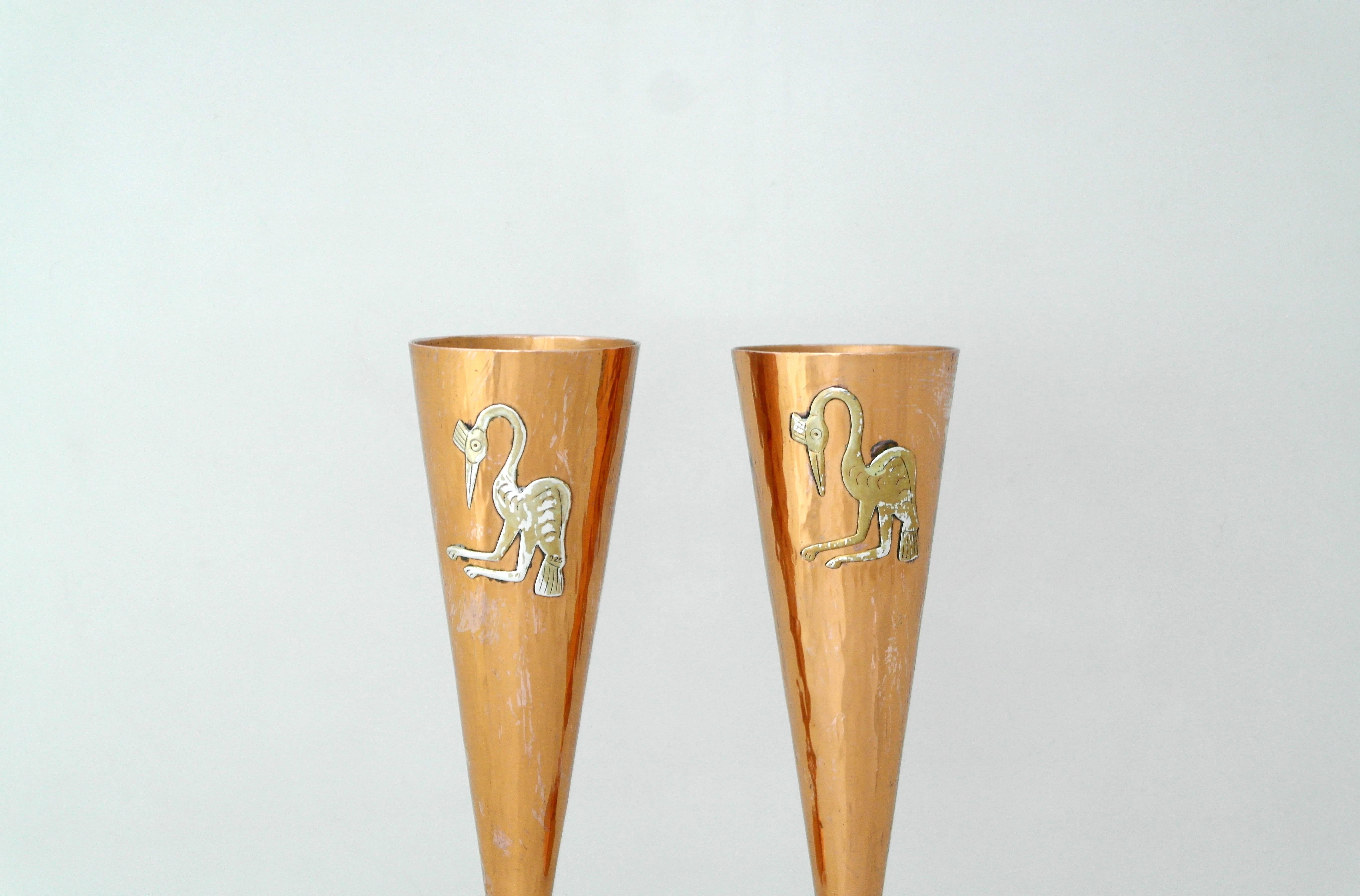 Charming & Exotic Vicky Peru Applied Silver & Copper, Pair of Vases 1975 In Excellent Condition For Sale In New York, NY