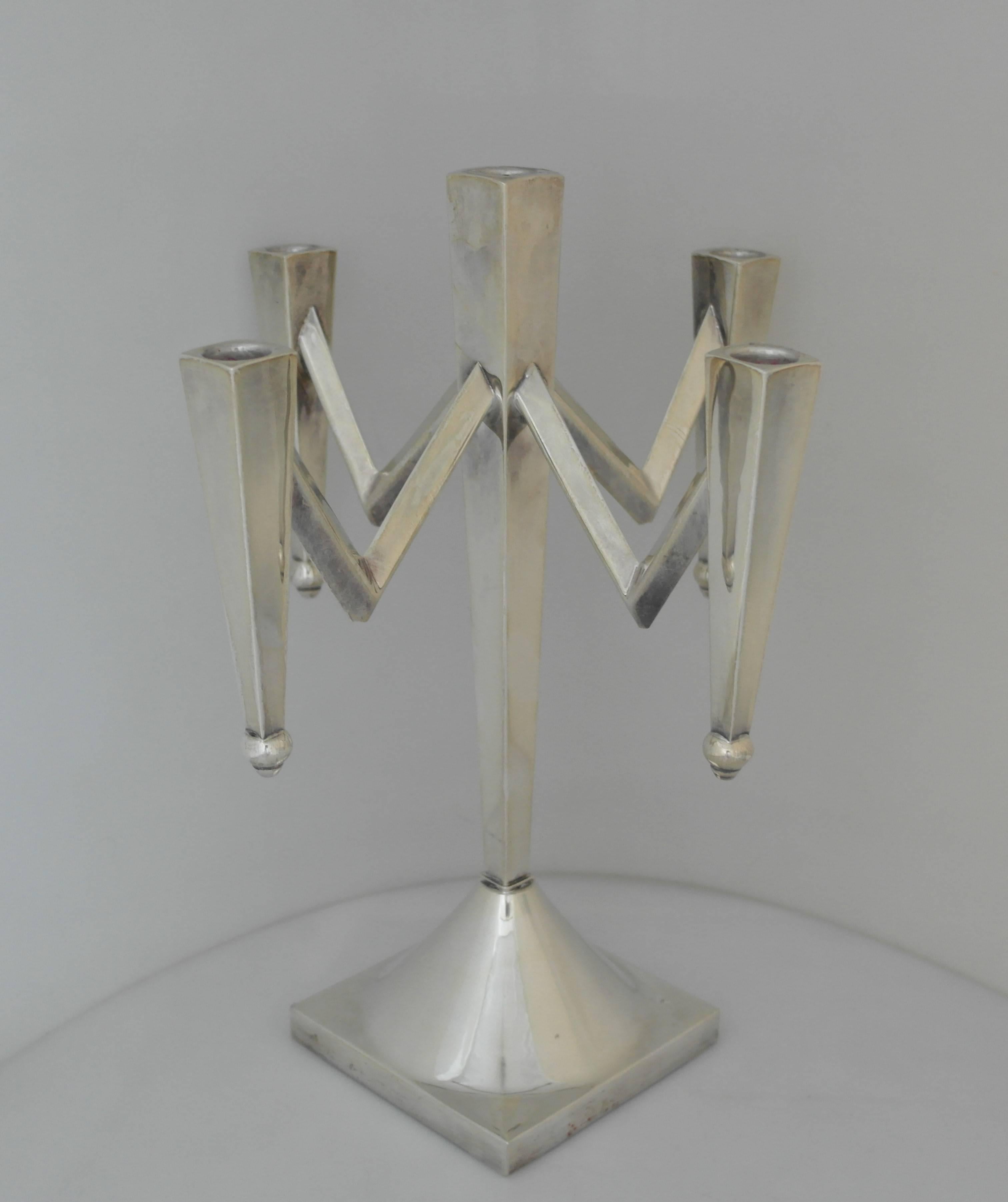 Incredible, Large Mexican Sterling Silver Modernist Five-Light Candelabra In Excellent Condition For Sale In New York, NY
