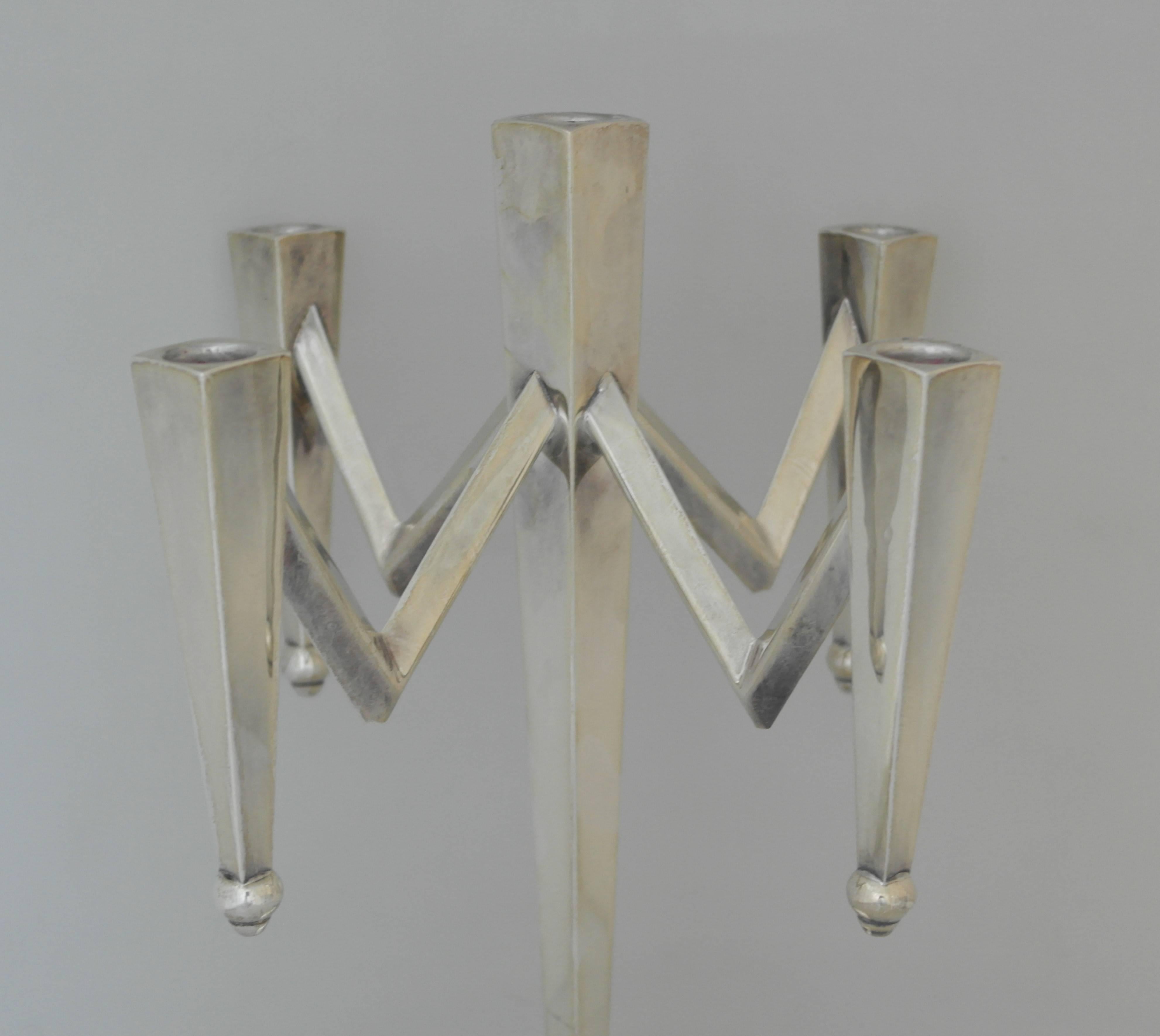 Incredible, Large Mexican Sterling Silver Modernist Five-Light Candelabra For Sale 2