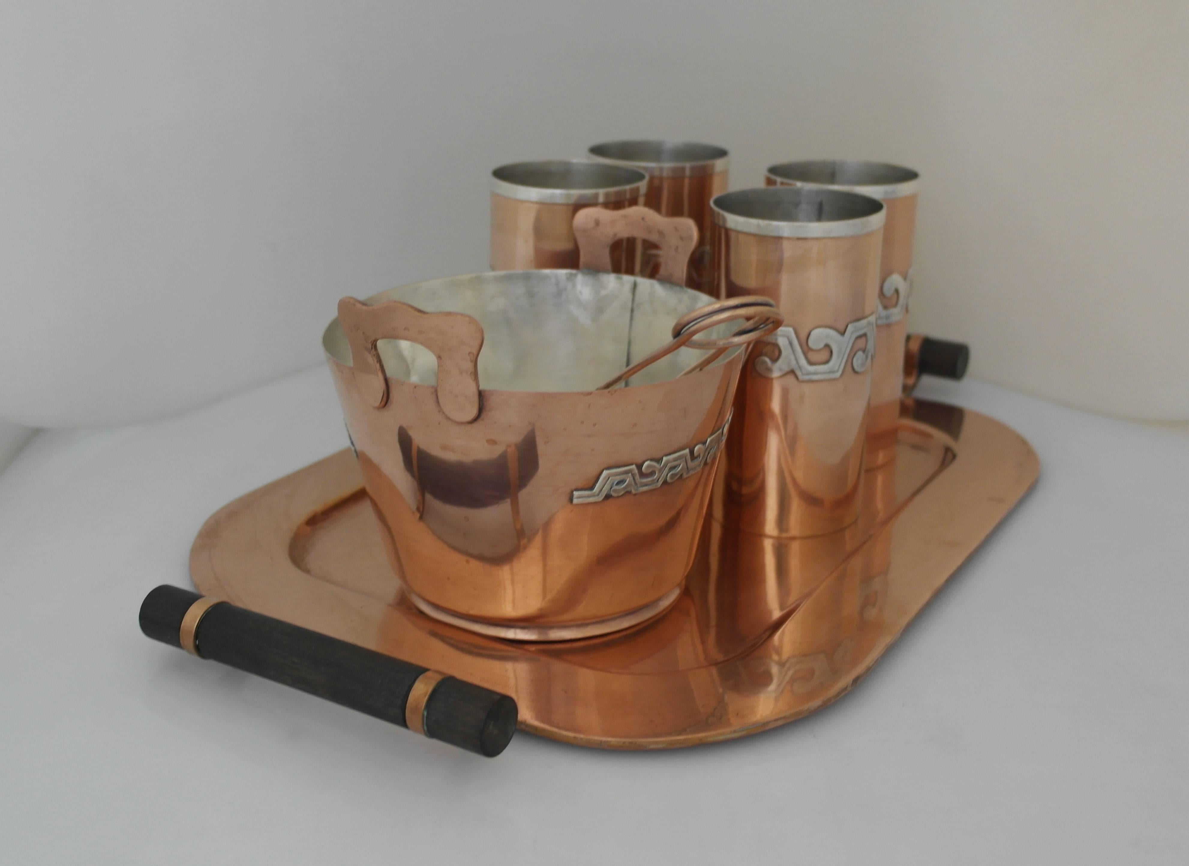 Mexican SUPERB MODERNE Victoria Taxco Copper & Sterling Silver Ice Bucket Tray Cups Set 