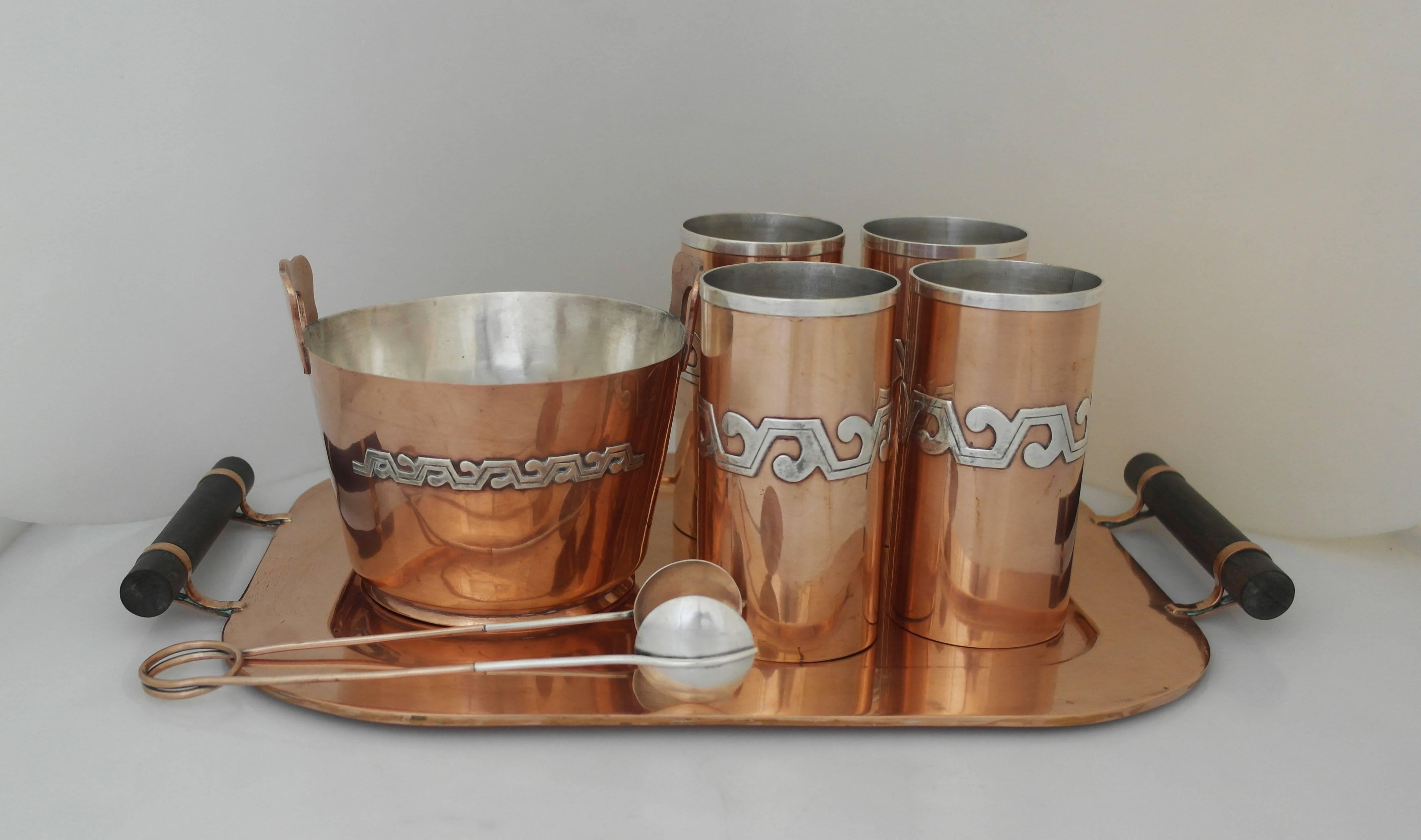 SUPERB MODERNE Victoria Taxco Copper & Sterling Silver Ice Bucket Tray Cups Set  1