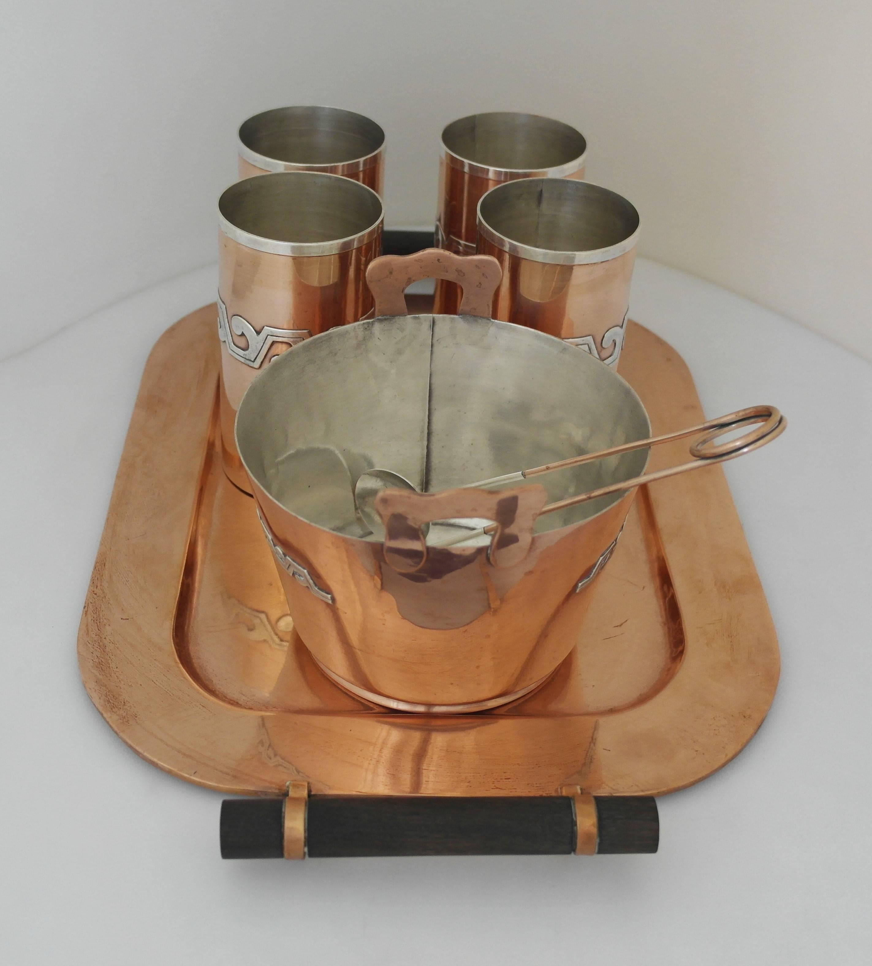 Mid-20th Century SUPERB MODERNE Victoria Taxco Copper & Sterling Silver Ice Bucket Tray Cups Set 