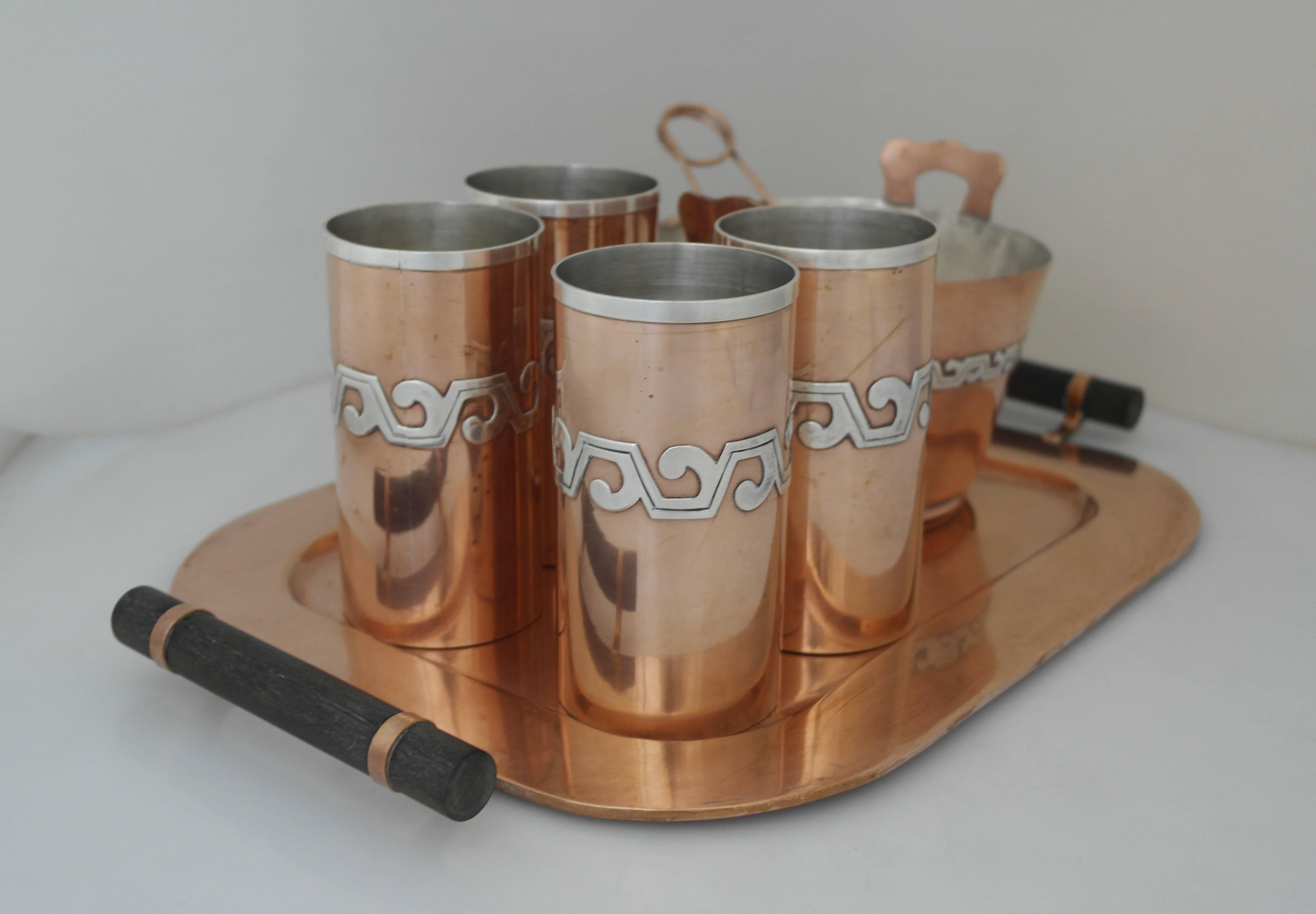 SUPERB MODERNE Victoria Taxco Copper & Sterling Silver Ice Bucket Tray Cups Set  3
