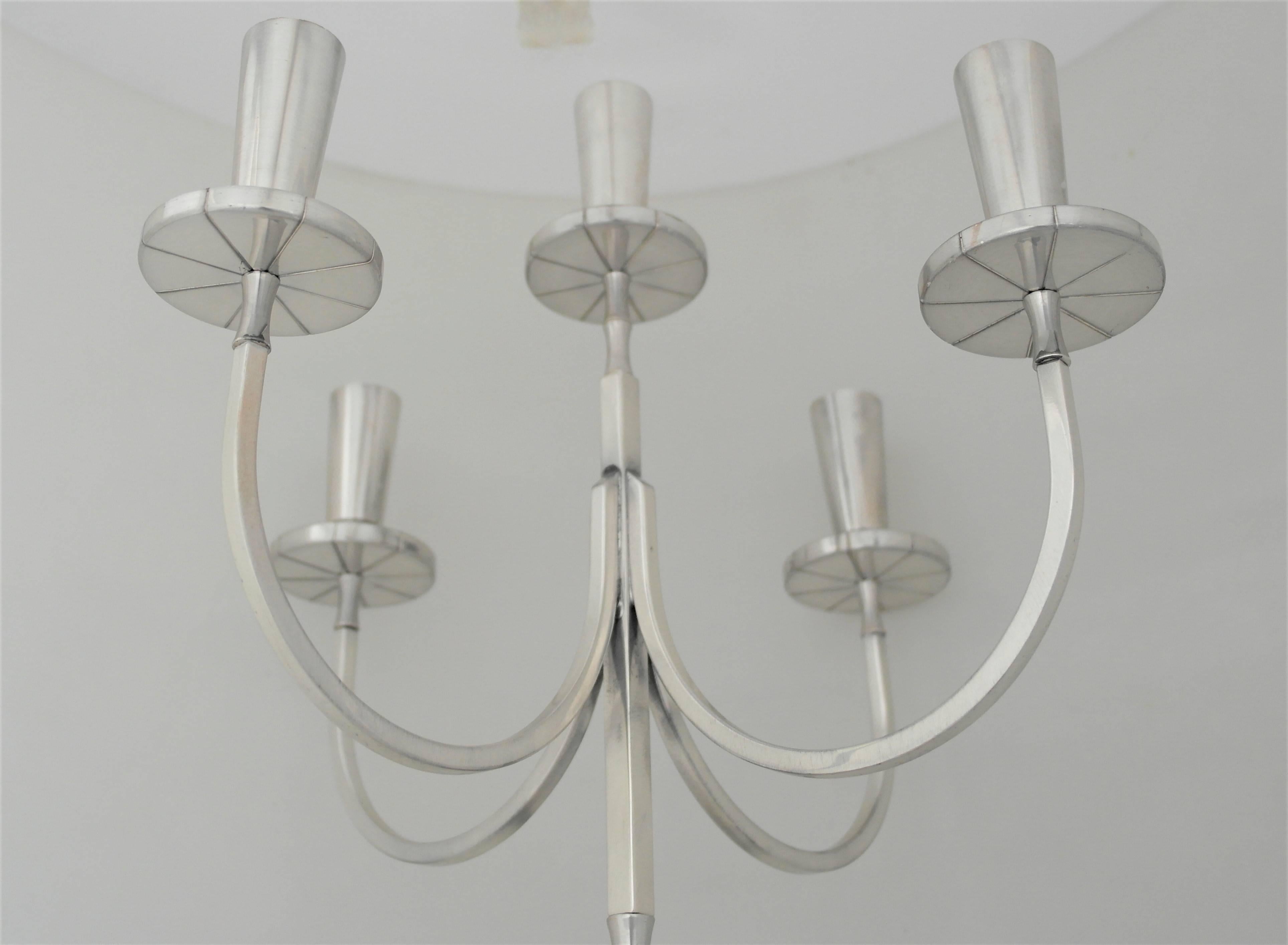 Rare 5 LIGHT Tommi Parzinger 1955 Modernist Silver Pair of Candelabra MODERNE  In Excellent Condition For Sale In New York, NY