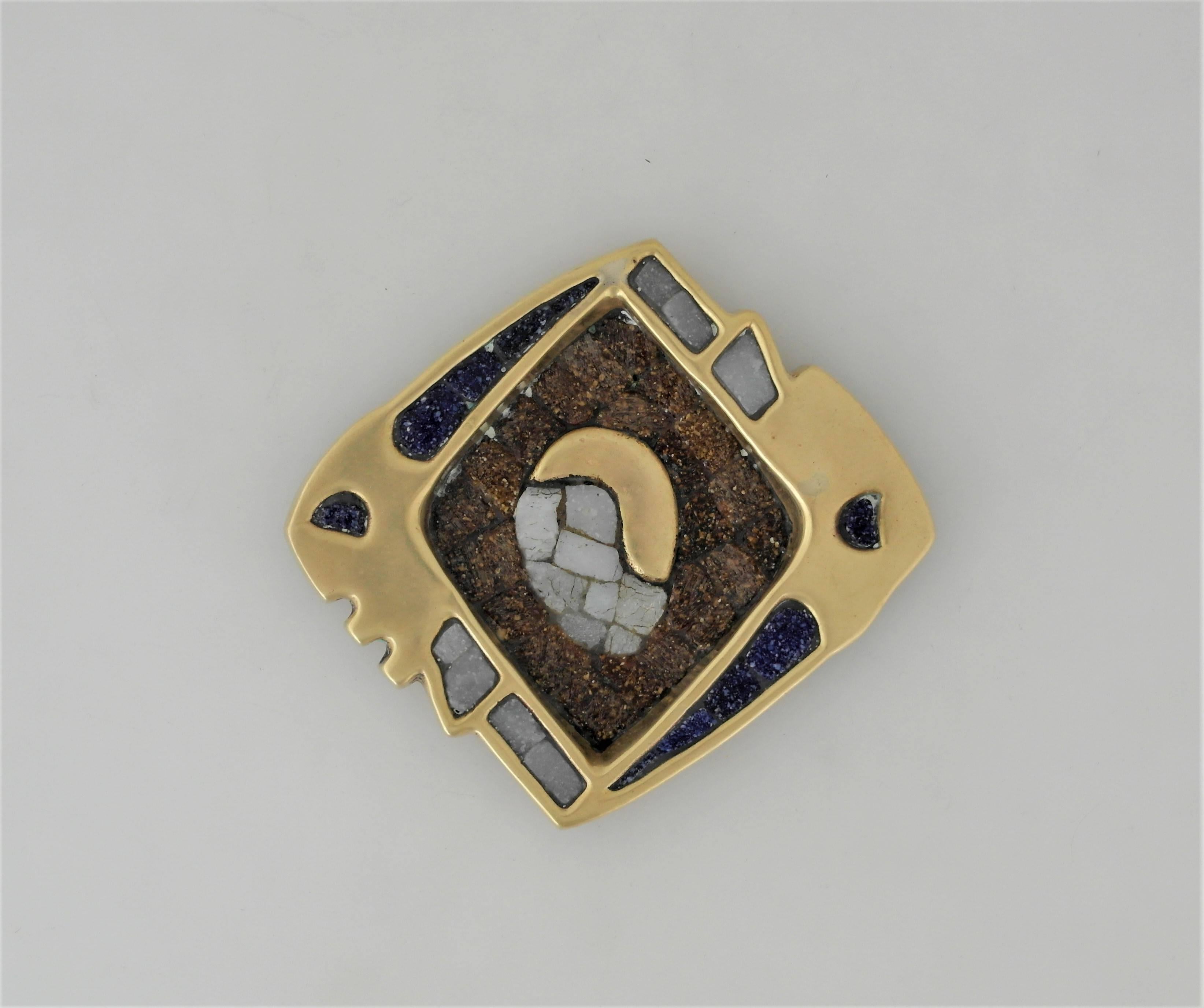 Being offered is a circa 1960s dish made by Salvador Teran of Taxco, Mexico. dish is made of hand wrought brass with glass mosaic inlay. Dimensions: 4 1/2