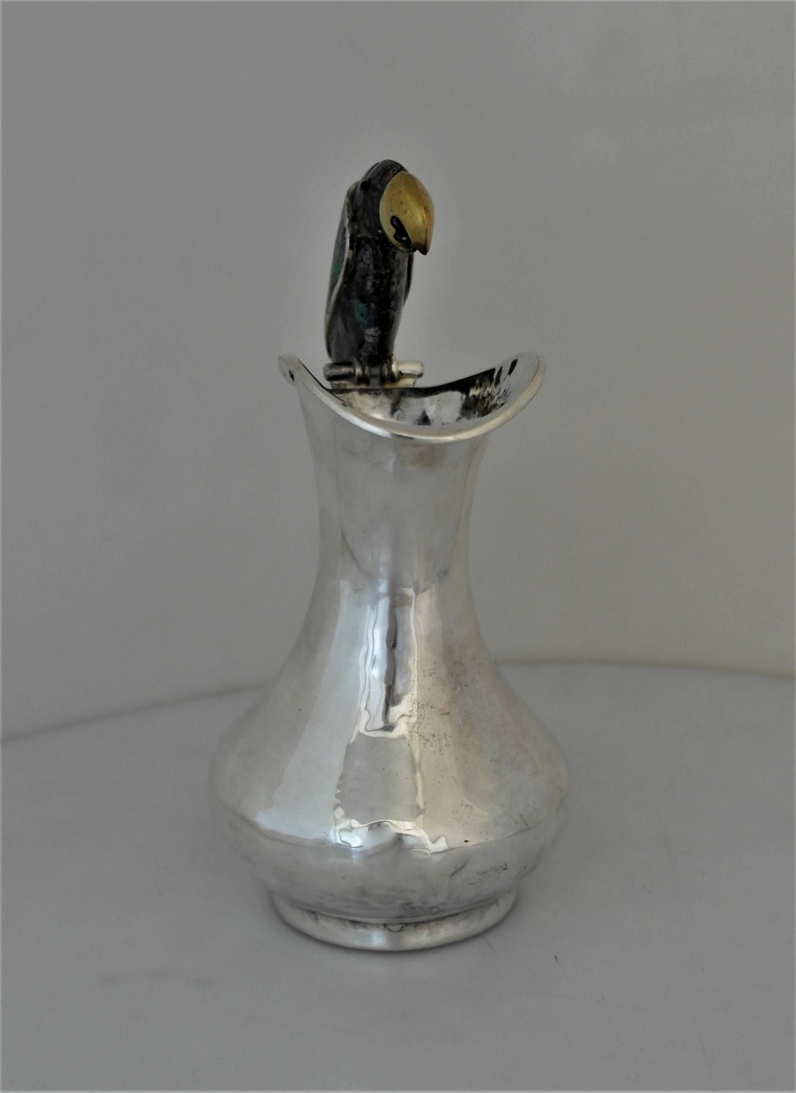 Los Castillo Silverplate Hand Hammered Parrot Motif Pitcher In Excellent Condition In New York, NY