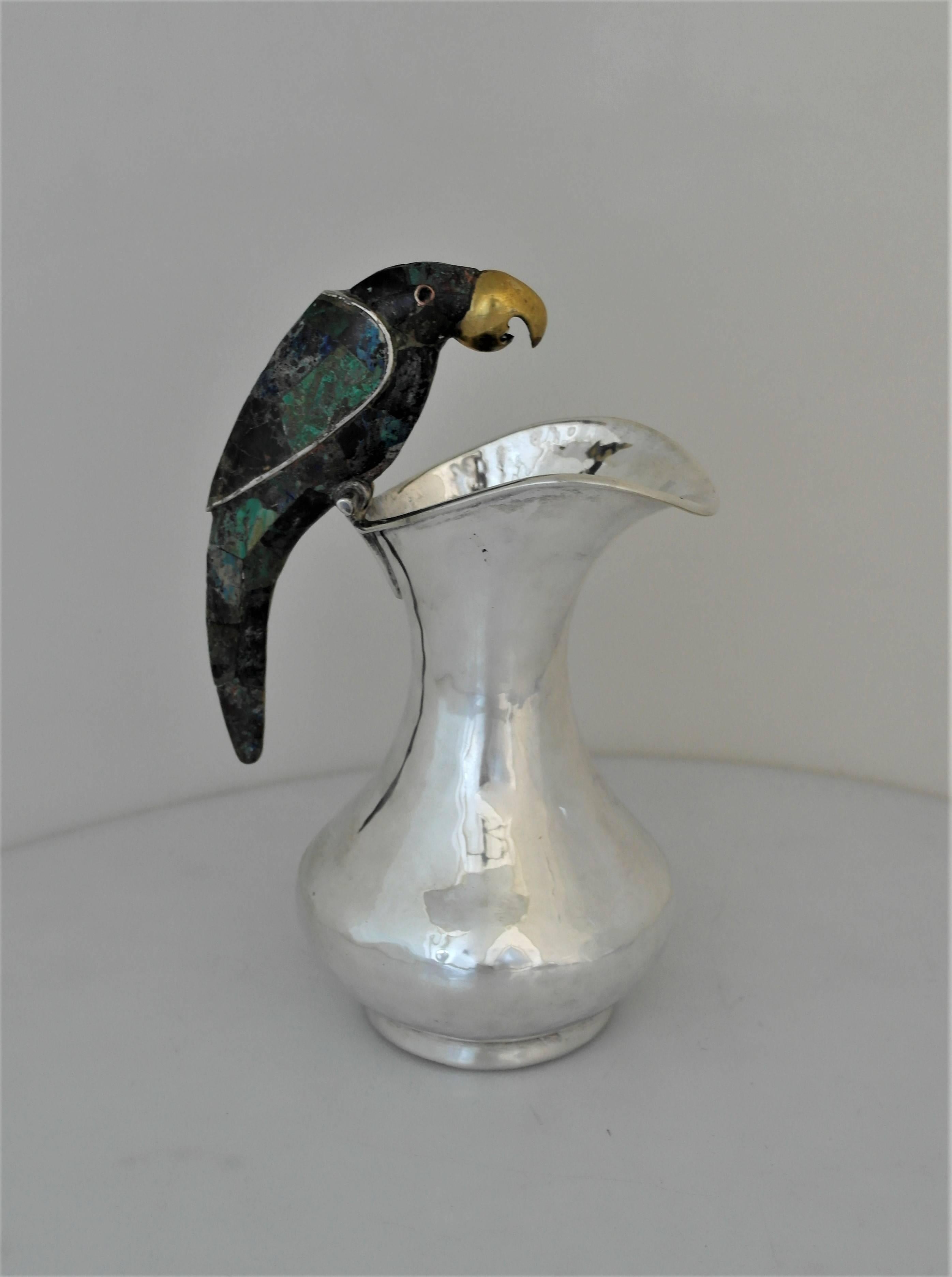 Mexican Los Castillo Silverplate Hand Hammered Parrot Motif Pitcher