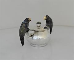 Los Castillo Mexico Silver Plate Malachite 3-D Parrot Jam Jar 1965 w/spoon