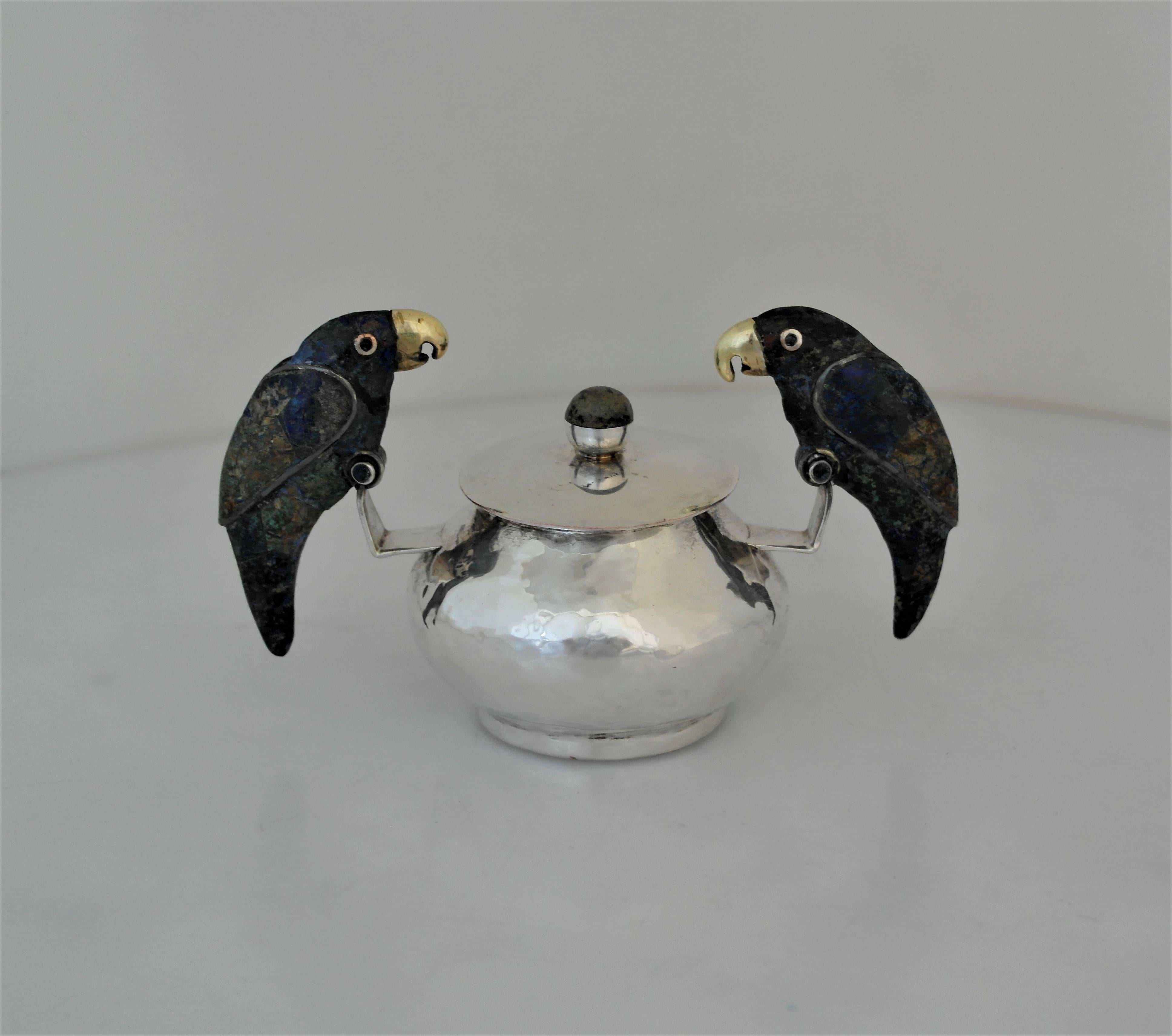 Mid-20th Century Los Castillo Mexico Silver Plate Malachite 3-D Parrot Jam Jar 1965 w/spoon