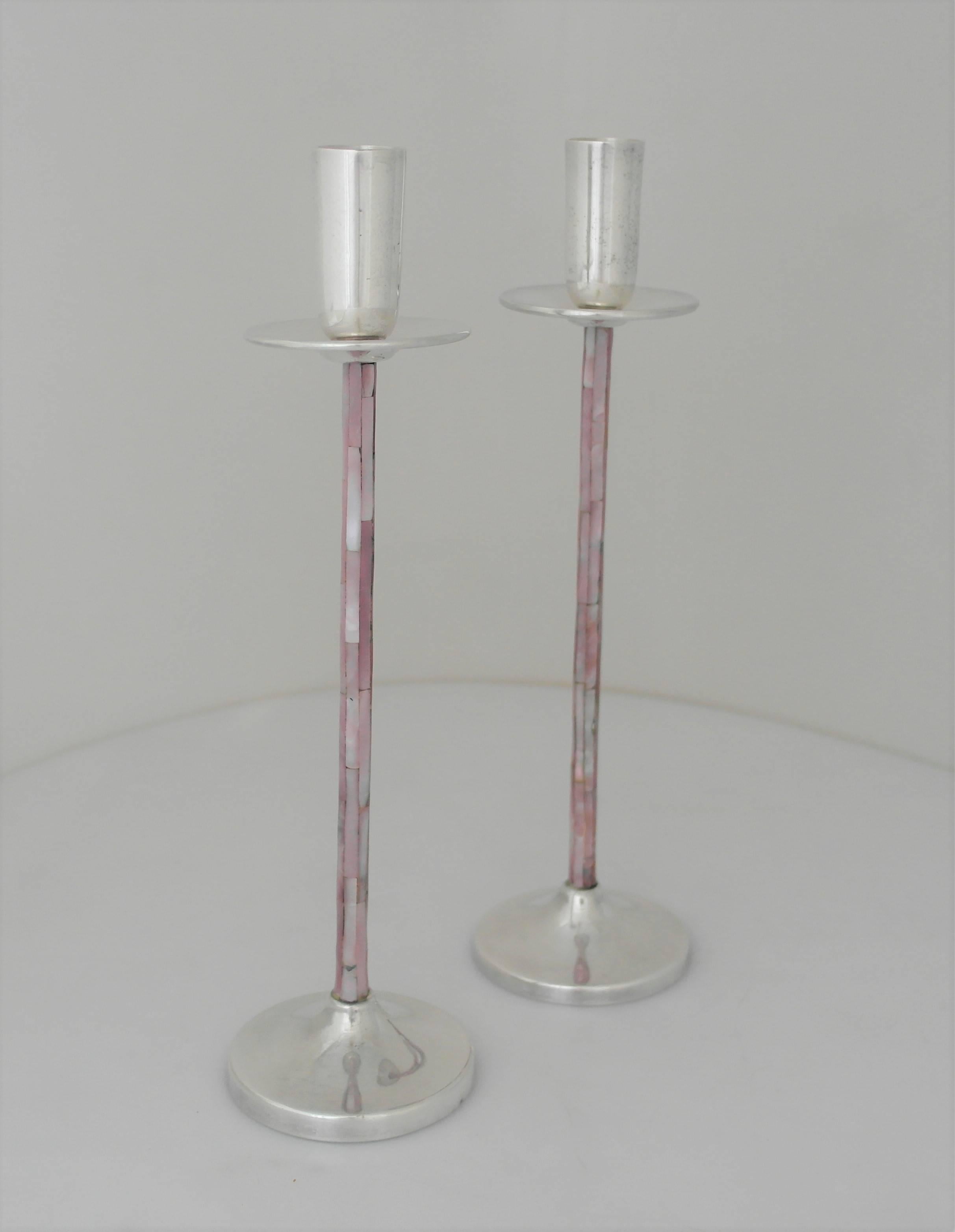 Highly Decorative Los Castillo Silver Plate & Abalone Pair of Candlesticks 1980 In Excellent Condition For Sale In New York, NY