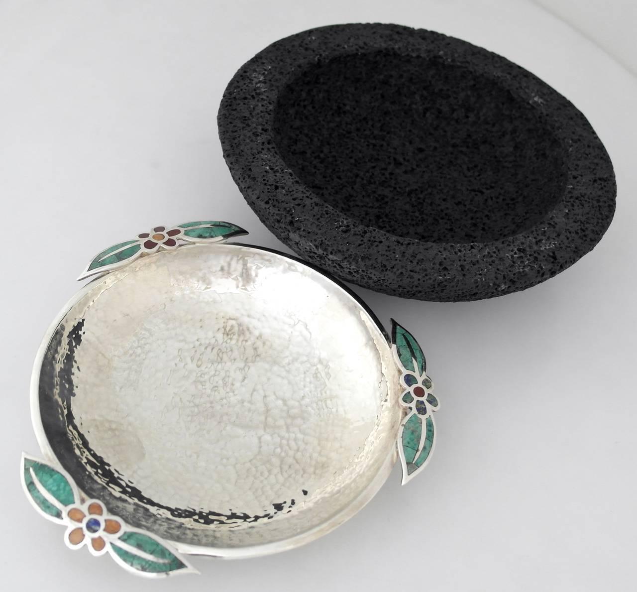 Mexican Emilia Castillo Silver Plate and Lava Rock Serving Bowl For Sale