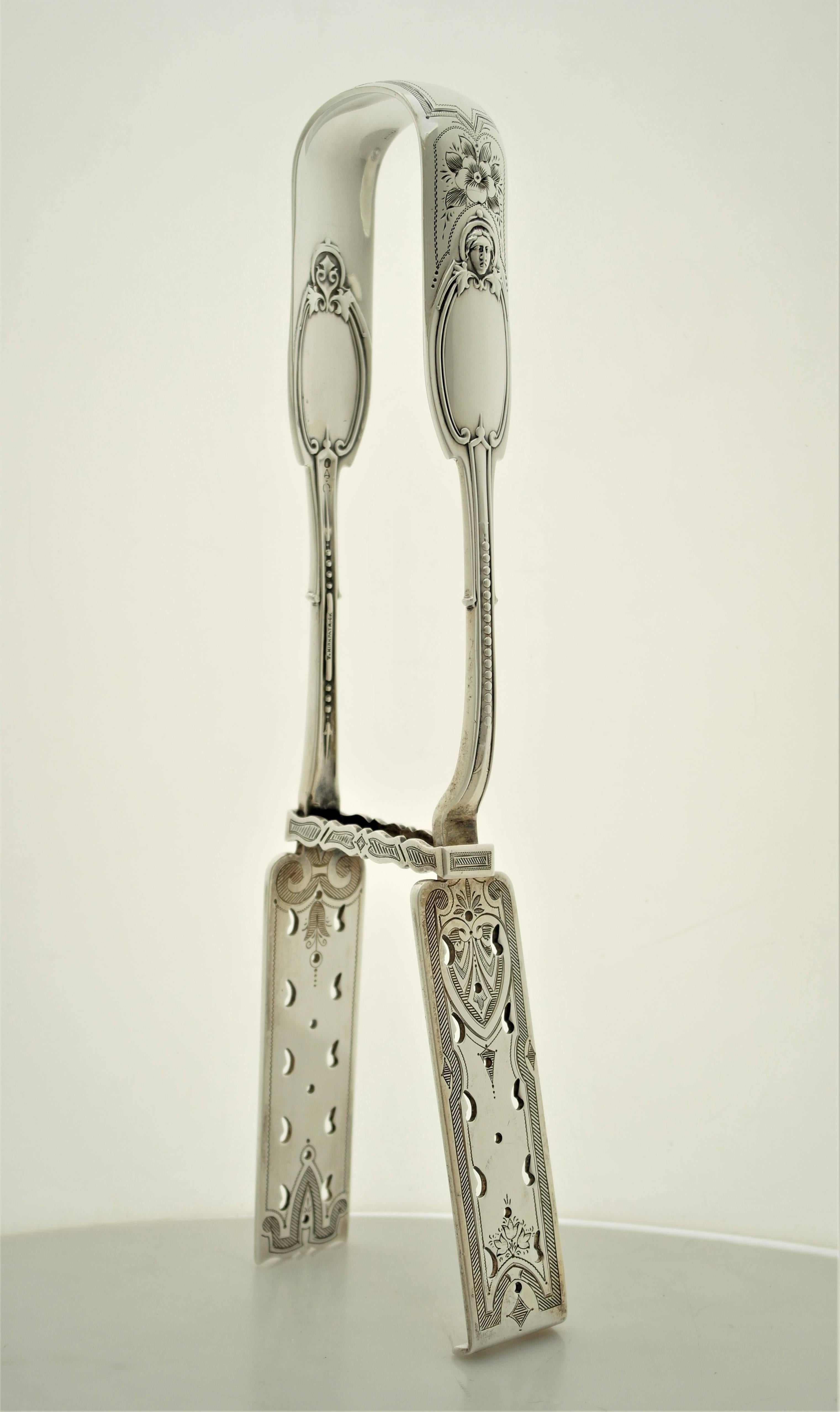 Mid-19th Century Albert Coles Kenilworth Pattern Coin Silver Asparagus Tongs For Sale
