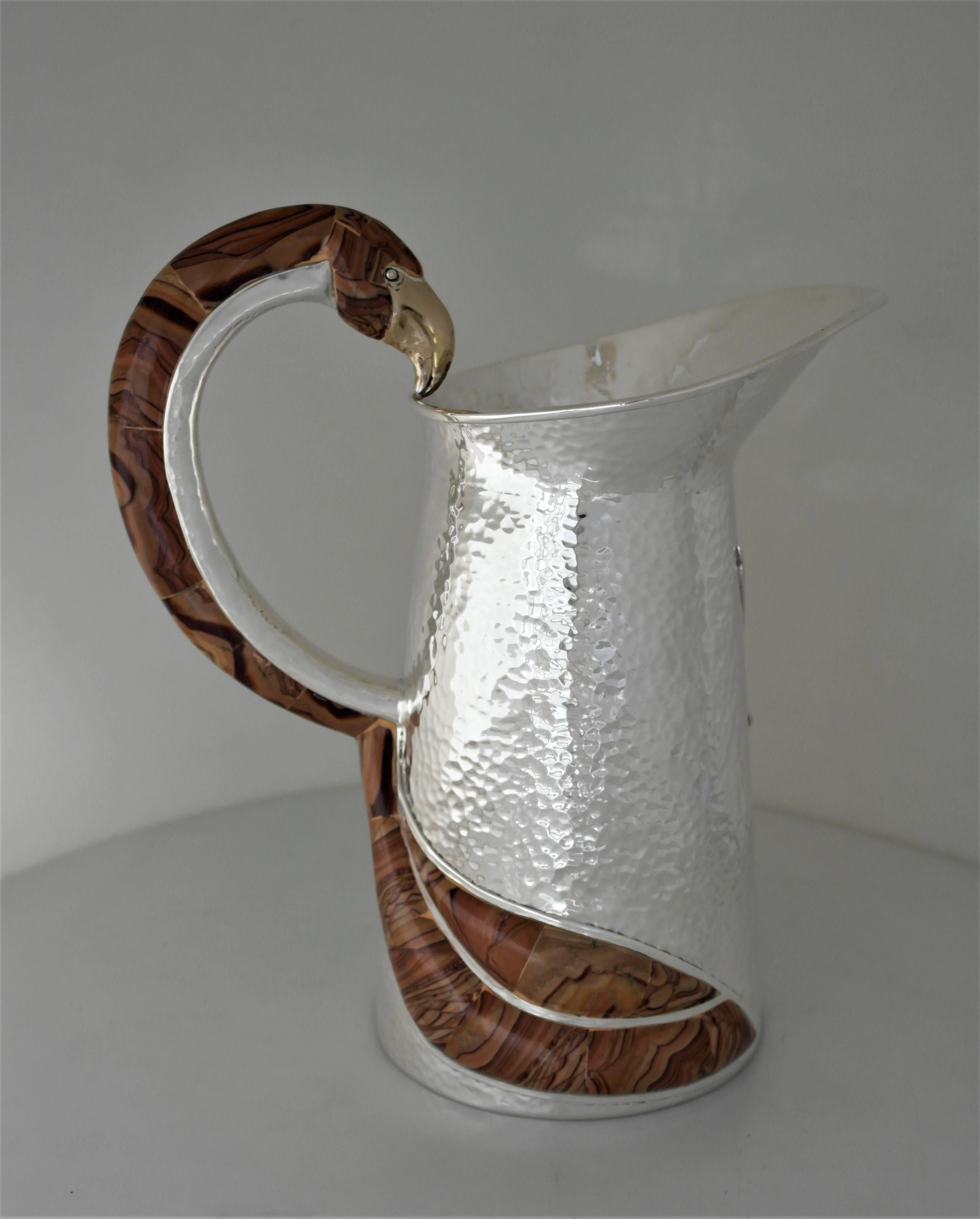 Hammered INCREDIBLE Mixed Metal Stone Castillo Hand-Wrought Silver Plate Pitcher, 1990 For Sale