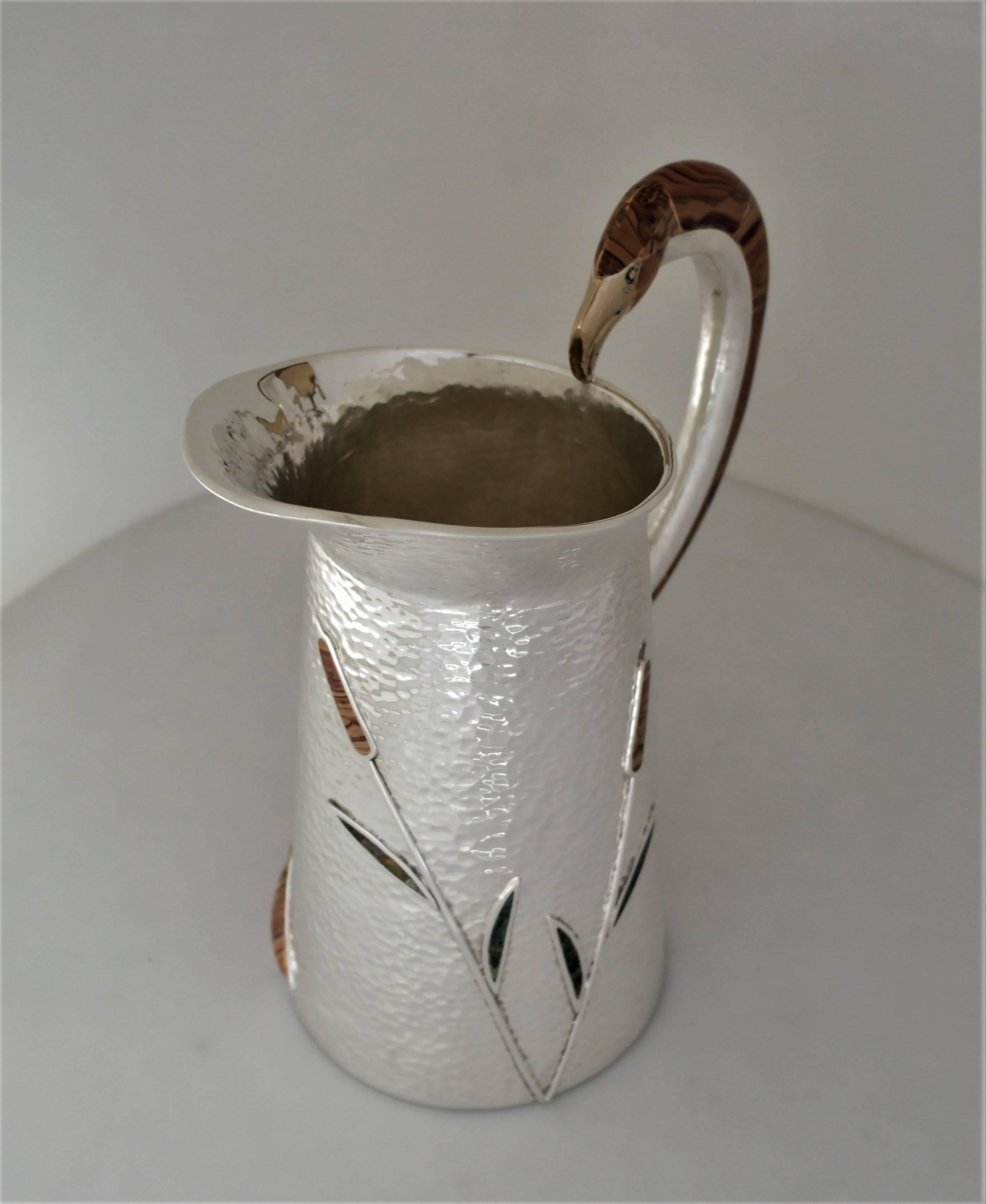 Late 20th Century INCREDIBLE Mixed Metal Stone Castillo Hand-Wrought Silver Plate Pitcher, 1990 For Sale