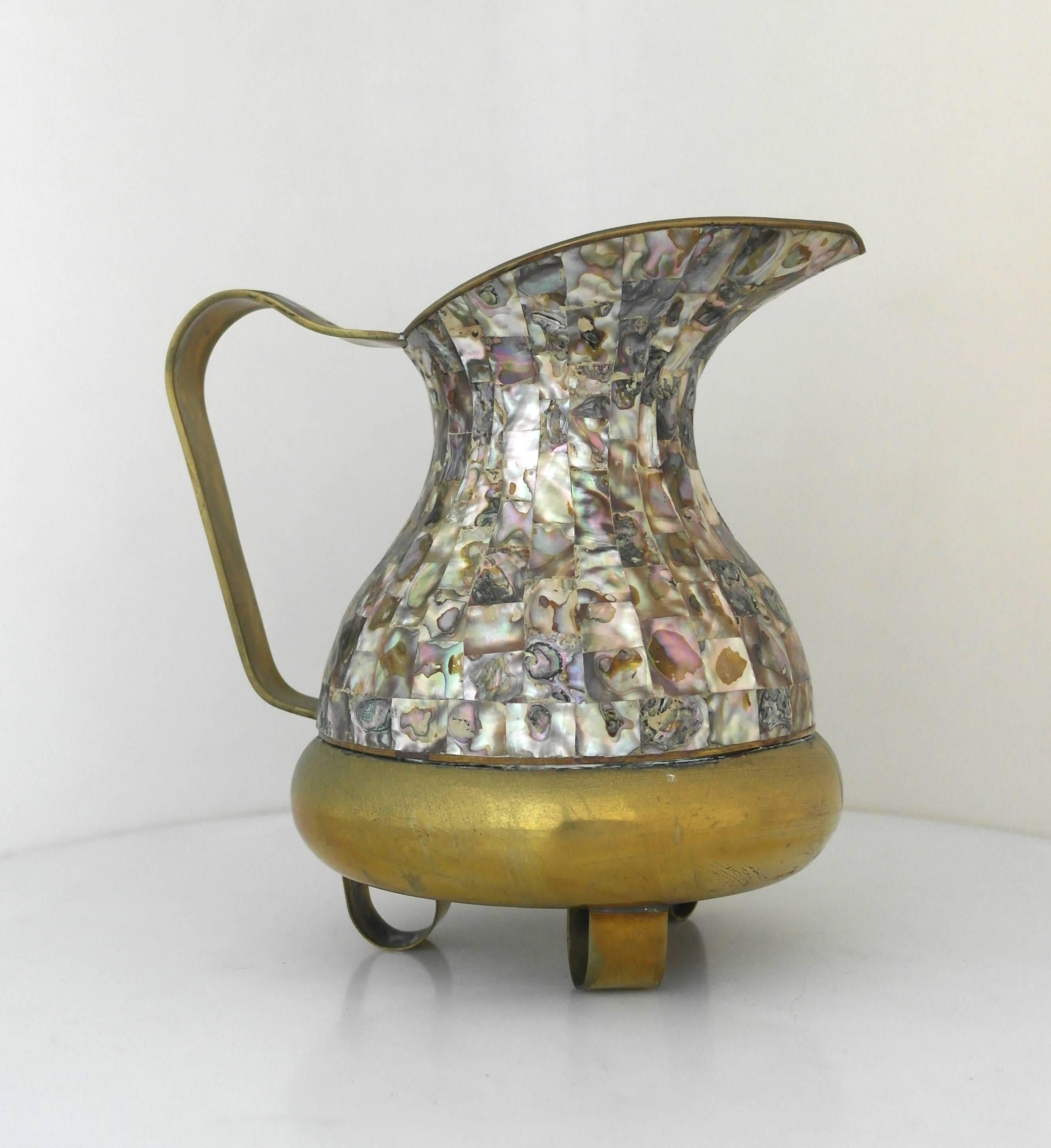 Mexican Brass and Abalone Inlay Pitcher Circa 1950 In Excellent Condition For Sale In New York, NY