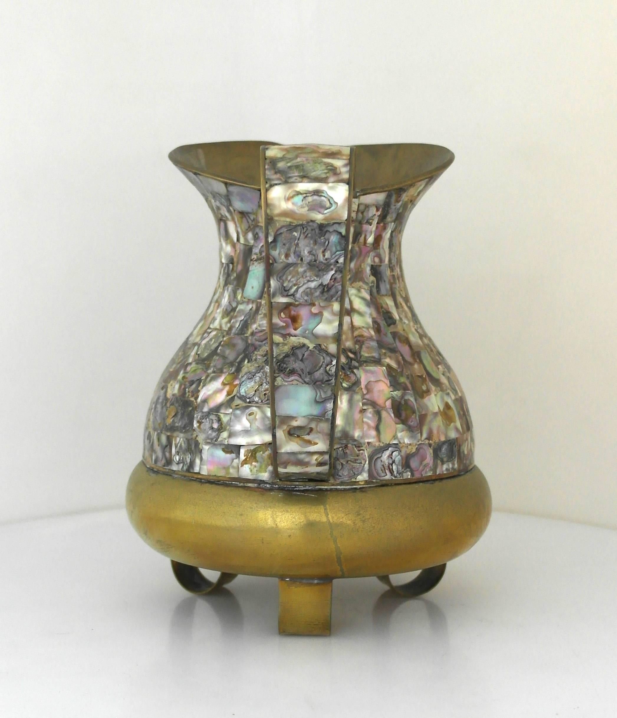 Late 20th Century Mexican Brass and Abalone Inlay Pitcher Circa 1950 For Sale
