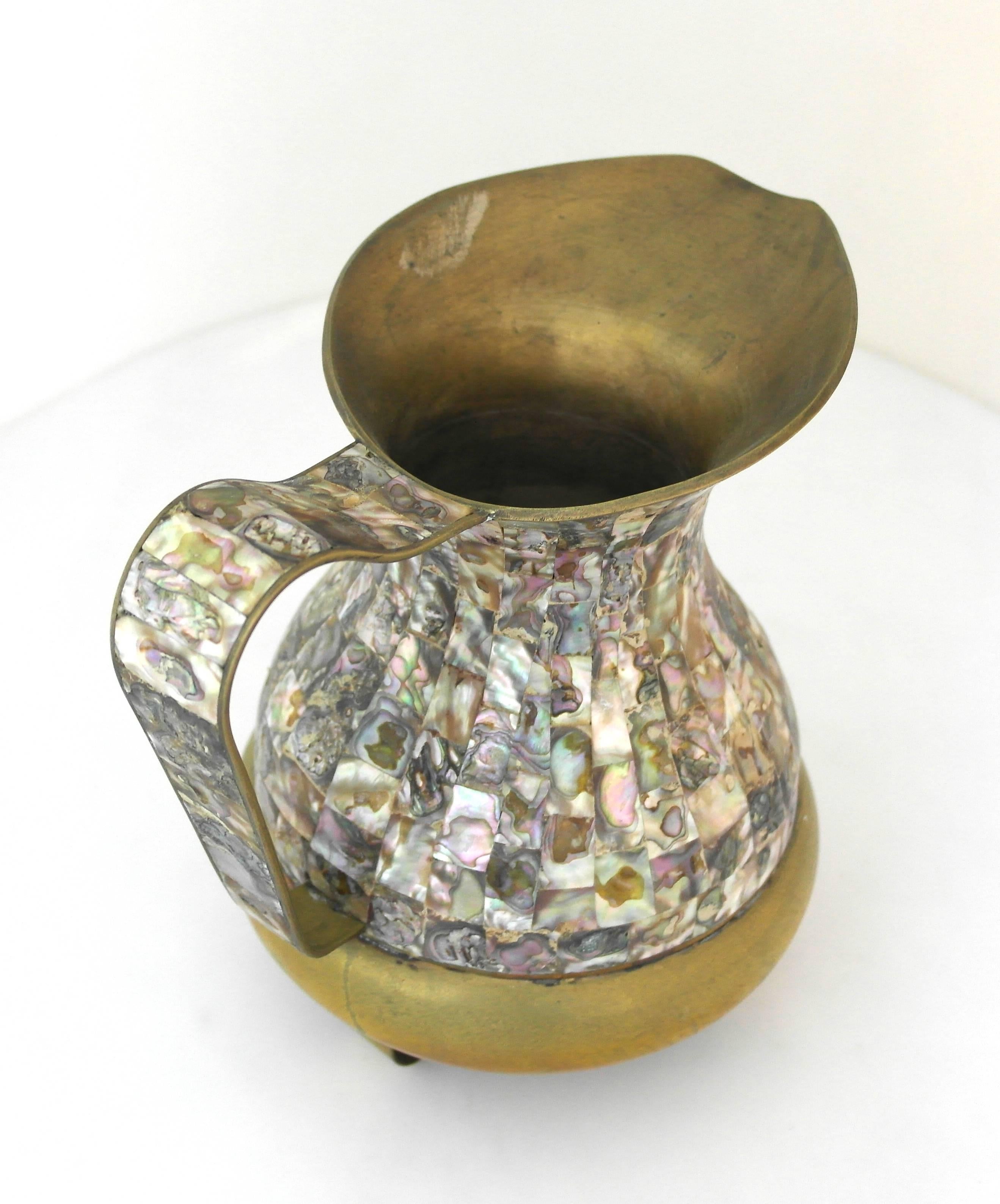 Mexican Brass and Abalone Inlay Pitcher Circa 1950 For Sale 1