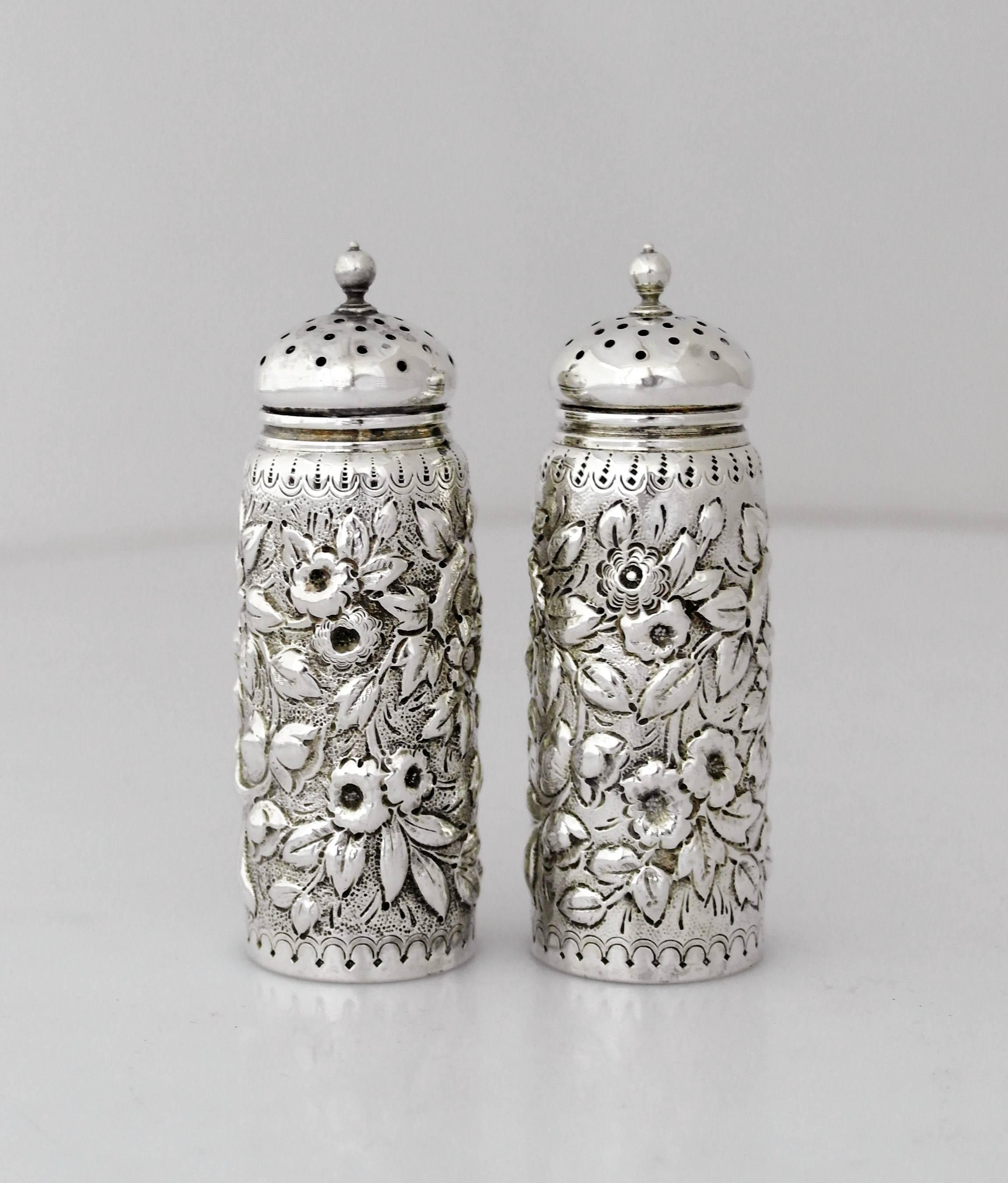 American Dominick & Haff Sterling Silver Hand Chased Salt and Pepper Shakers