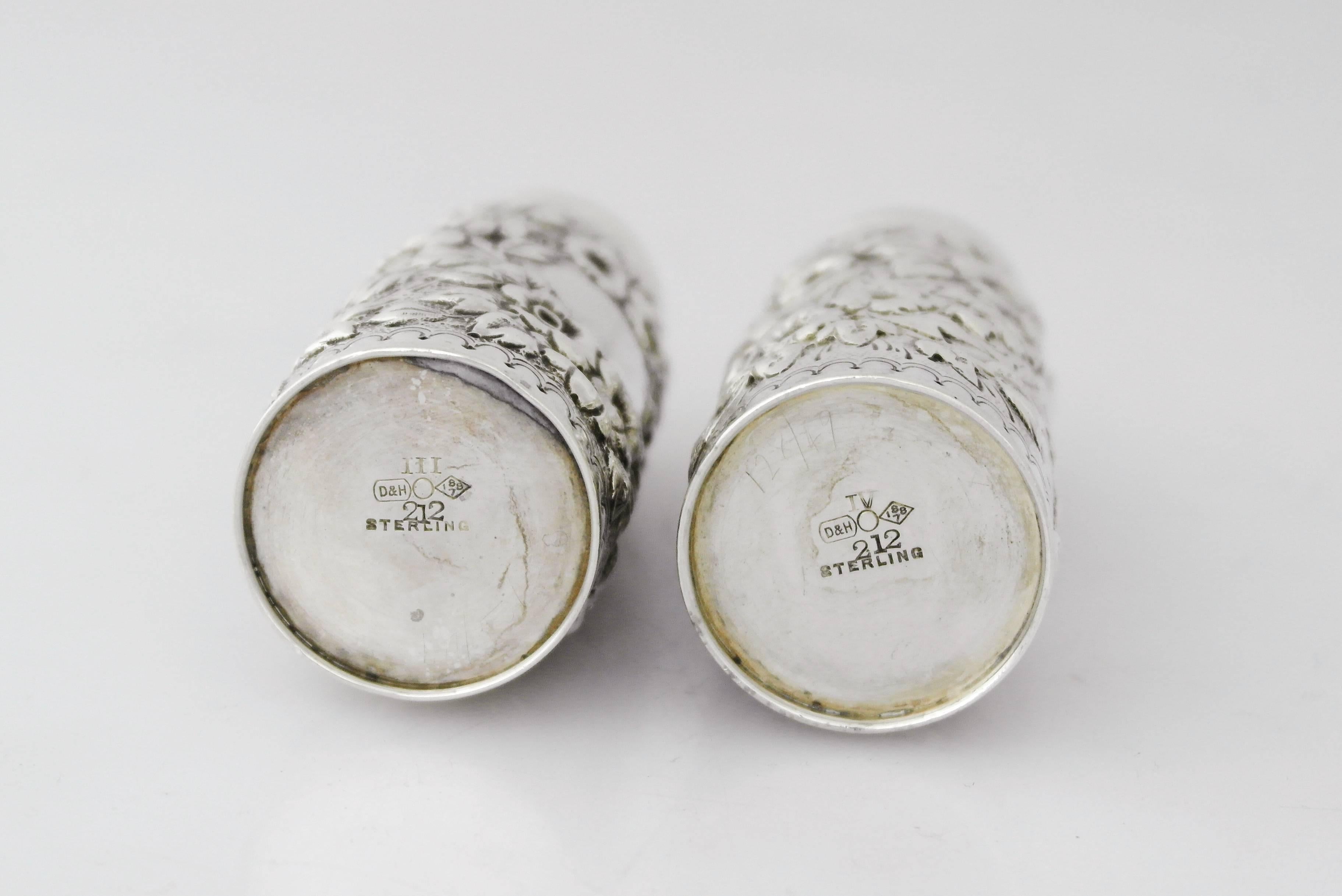 Late 19th Century Dominick & Haff Sterling Silver Hand Chased Salt and Pepper Shakers