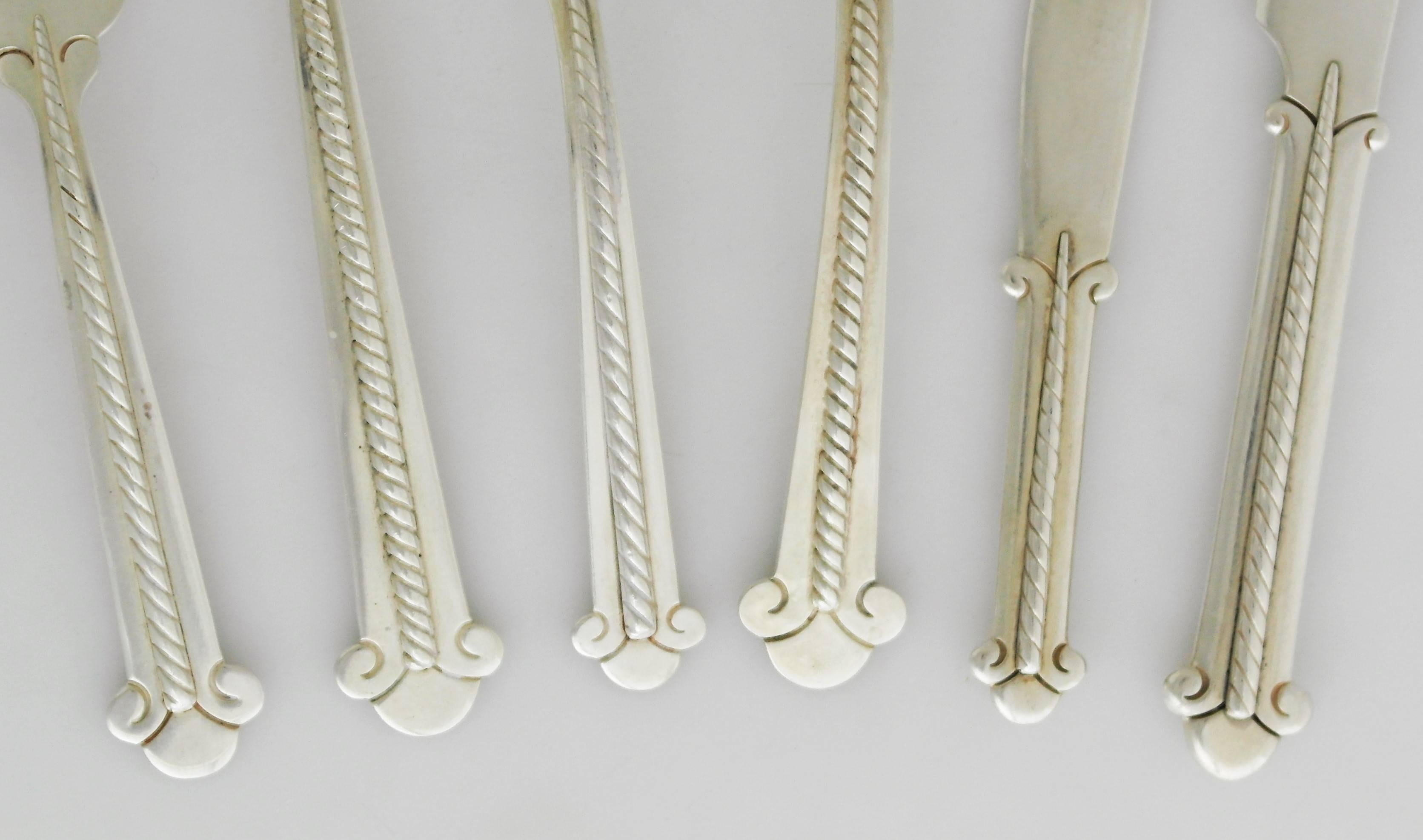 Being offered is an exceedingly rare set of circa 1948-1962 sterling silver flatware by Hector Aguilar, Taxco, Mexico in the rare 'rope' pattern. The set has eight (8) place settings, 6 different pieces per place setting -- please see list below --