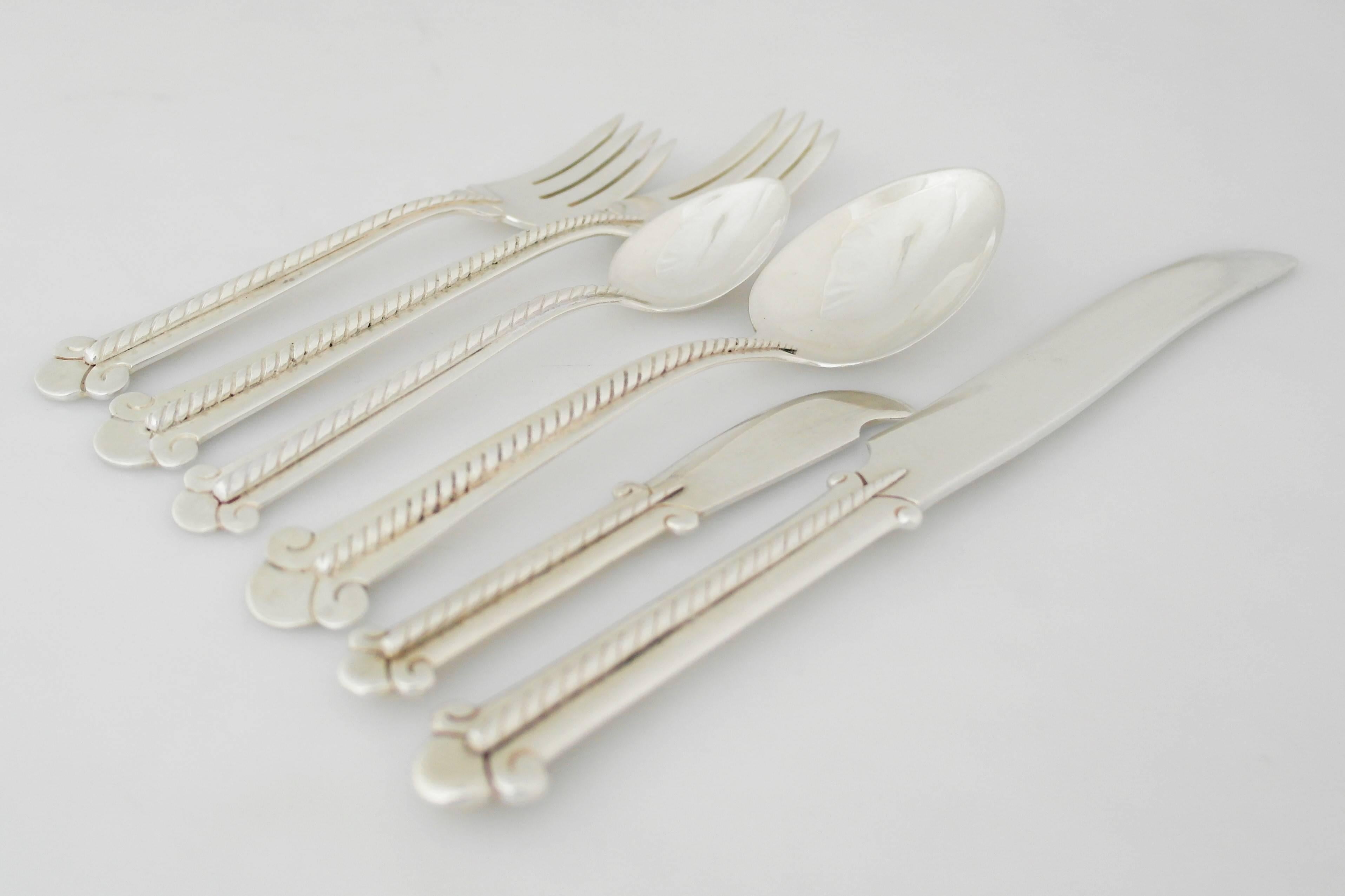 Sterling Silver Museum Quality Hector Aguilar Rope Motif Sterling Flatware Set For Sale