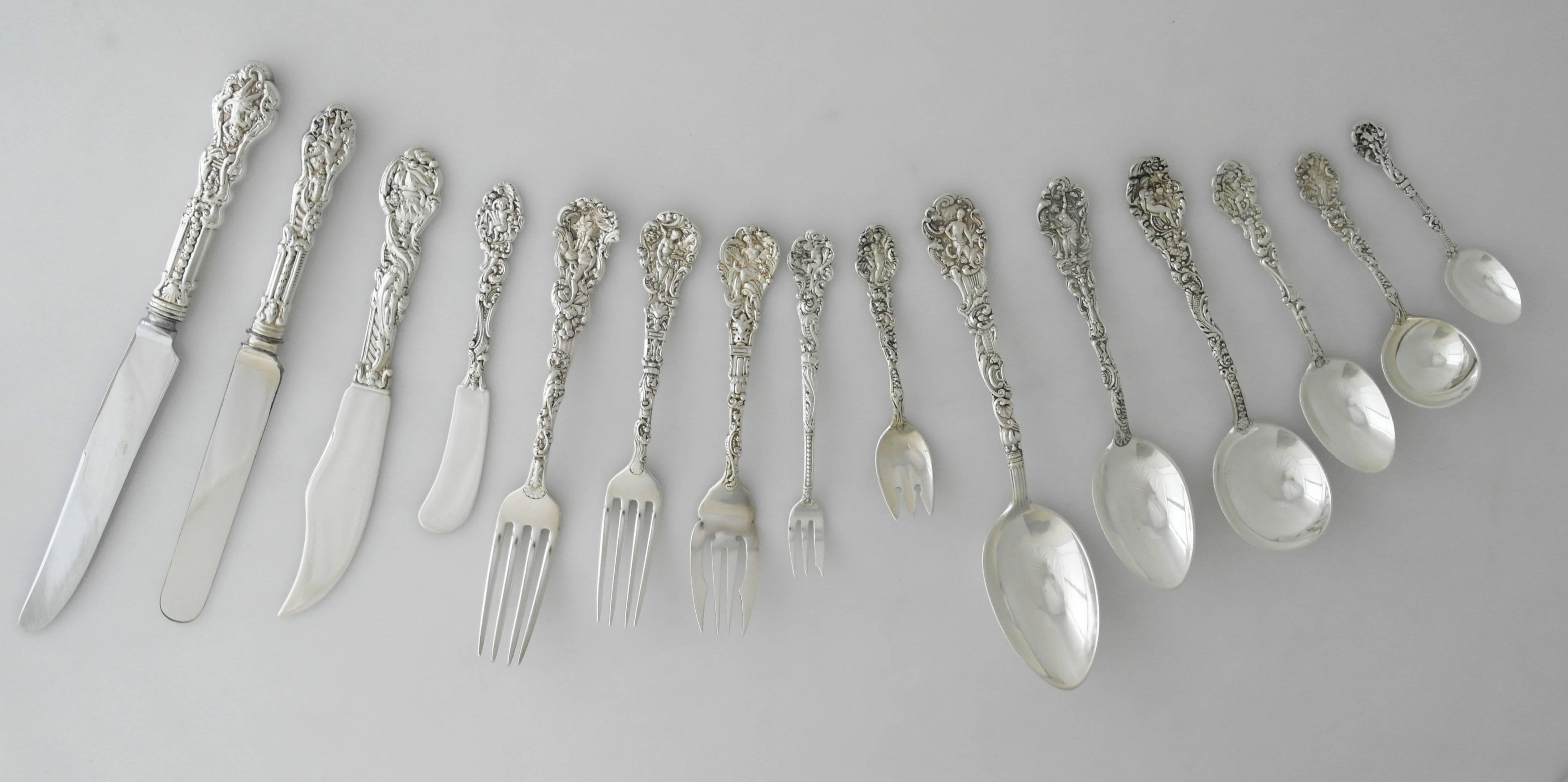 Being offered is a large and important sterling silver flatware set by Gorham of Providence, Rhode Island. In the Versailles pattern, designed by F. Antoine Heller. Comprising 15 piece place settings for 12 guests, including serving pieces. Set