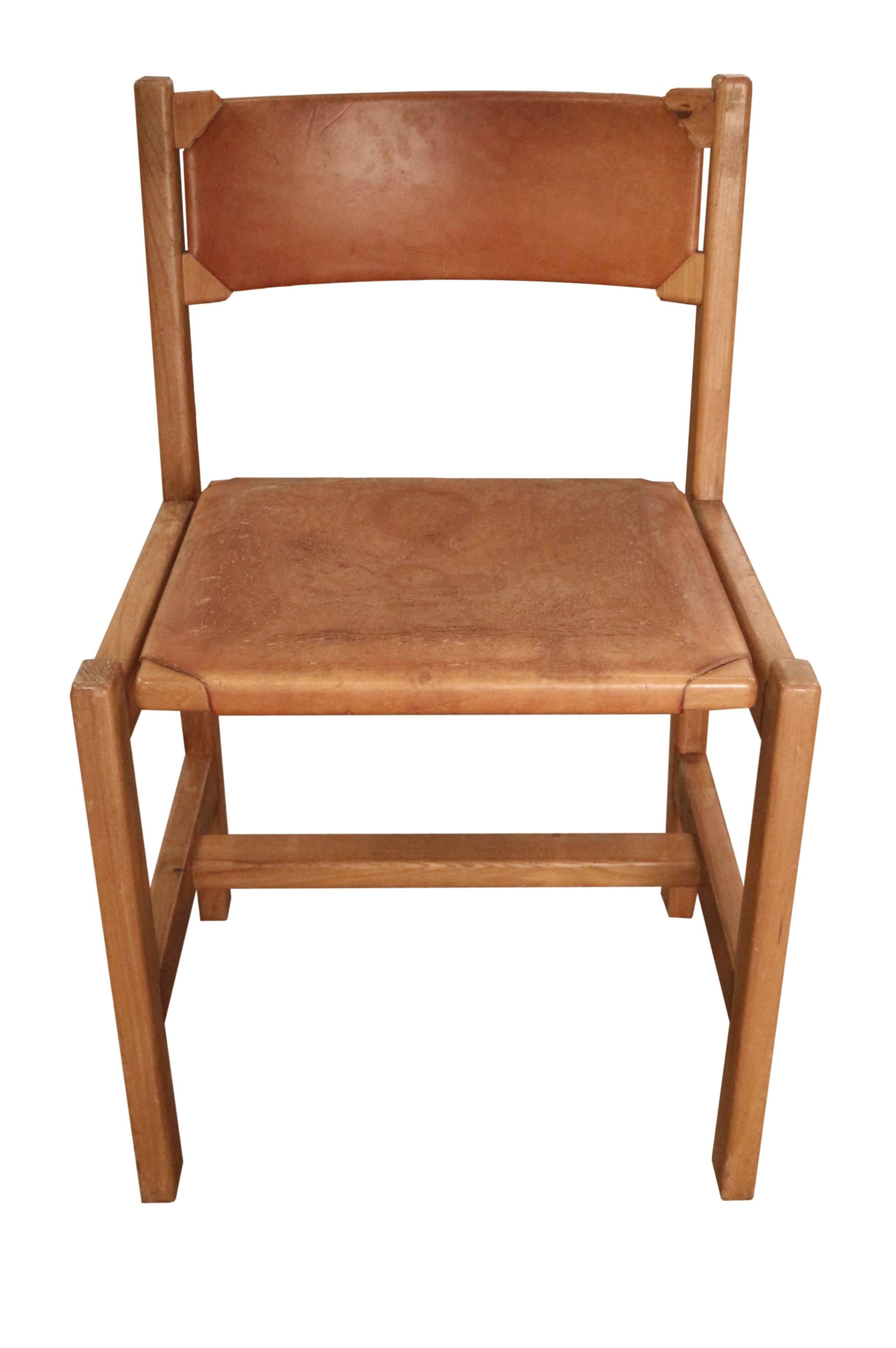 Mid-20th Century Set of Four Oak and Leather Side Chairs