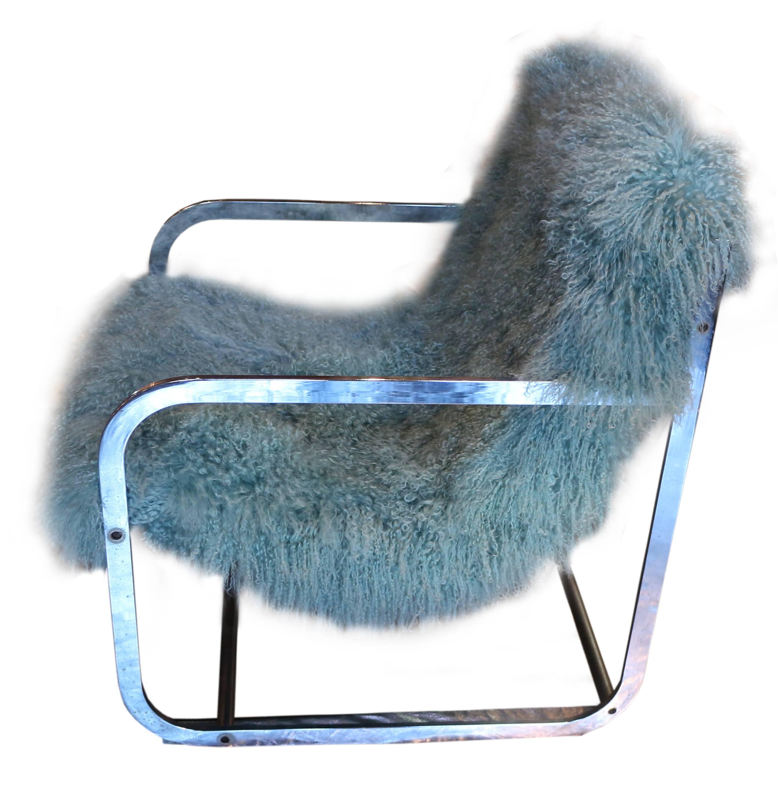 Vintage chrome armchair upholstered in Moore and Giles - Himalaya, Breeze.