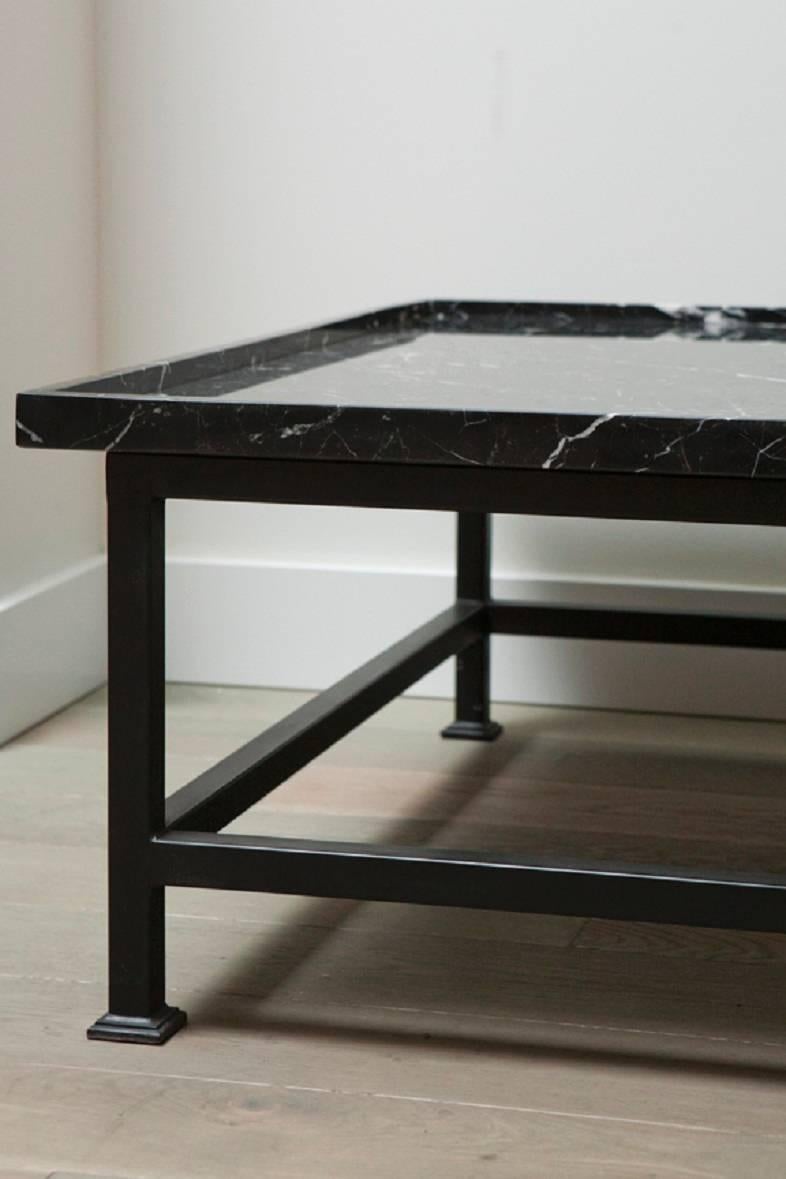 Harbinger simple iron base coffee table with stone top. Custom sizes and table tops available.

