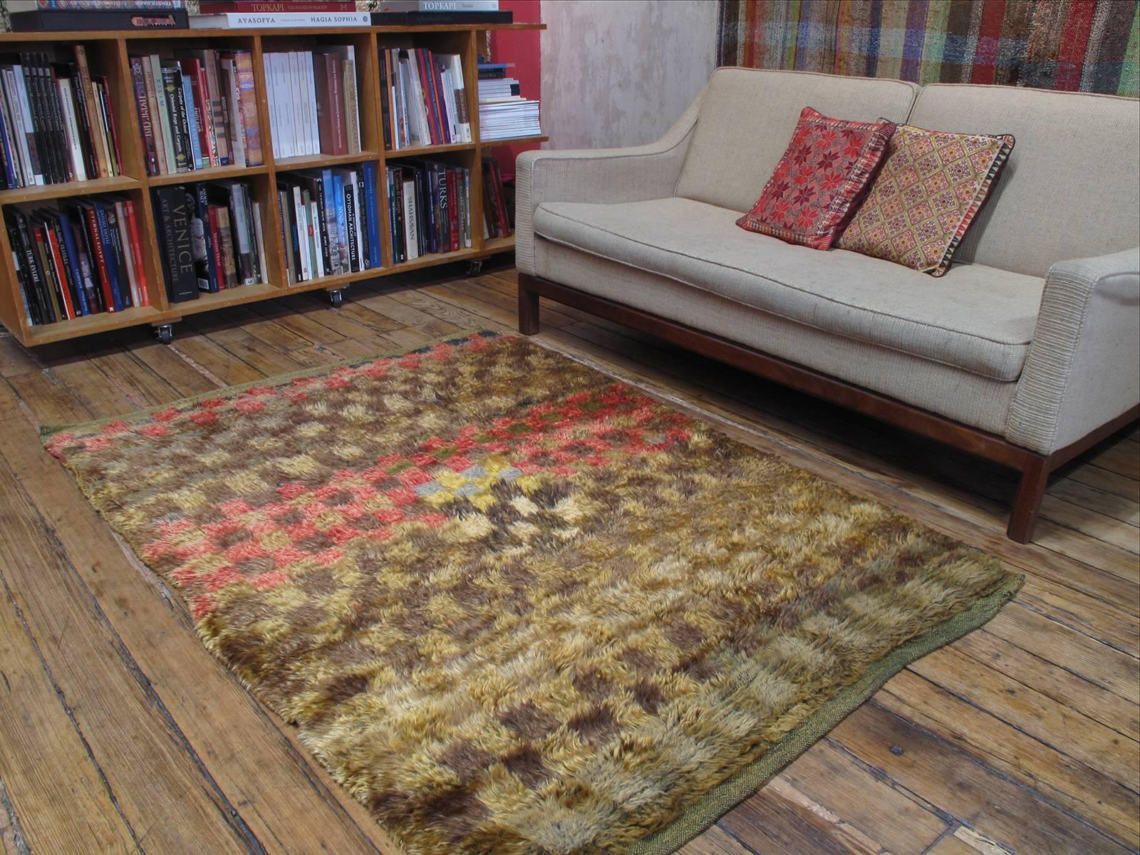 Chessboard Angora Tulu rug. A wonderful old rug from Central Turkey, woven in silky, lustrous angora goat hair, i.e. mohair, with superb texture and patina, indicating good age. The chessboard design is well-known, but the color palette is quite