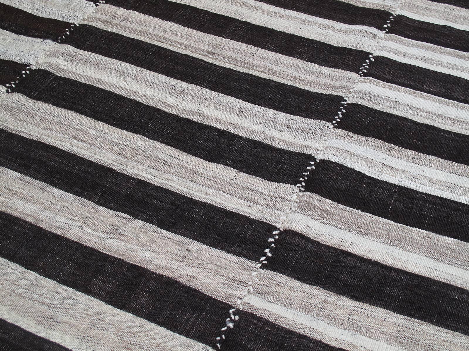 Hand-Woven Banded Mazanderan Kilim Rug