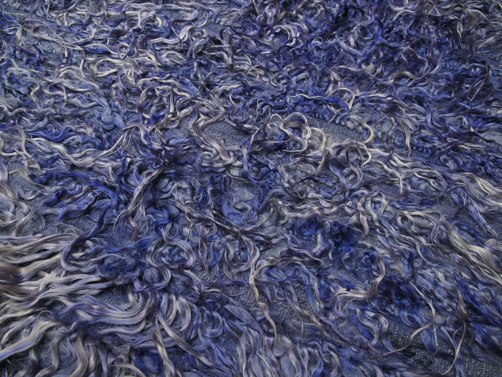 Hand-Knotted Angora Tulu Rug in Violet-Blue