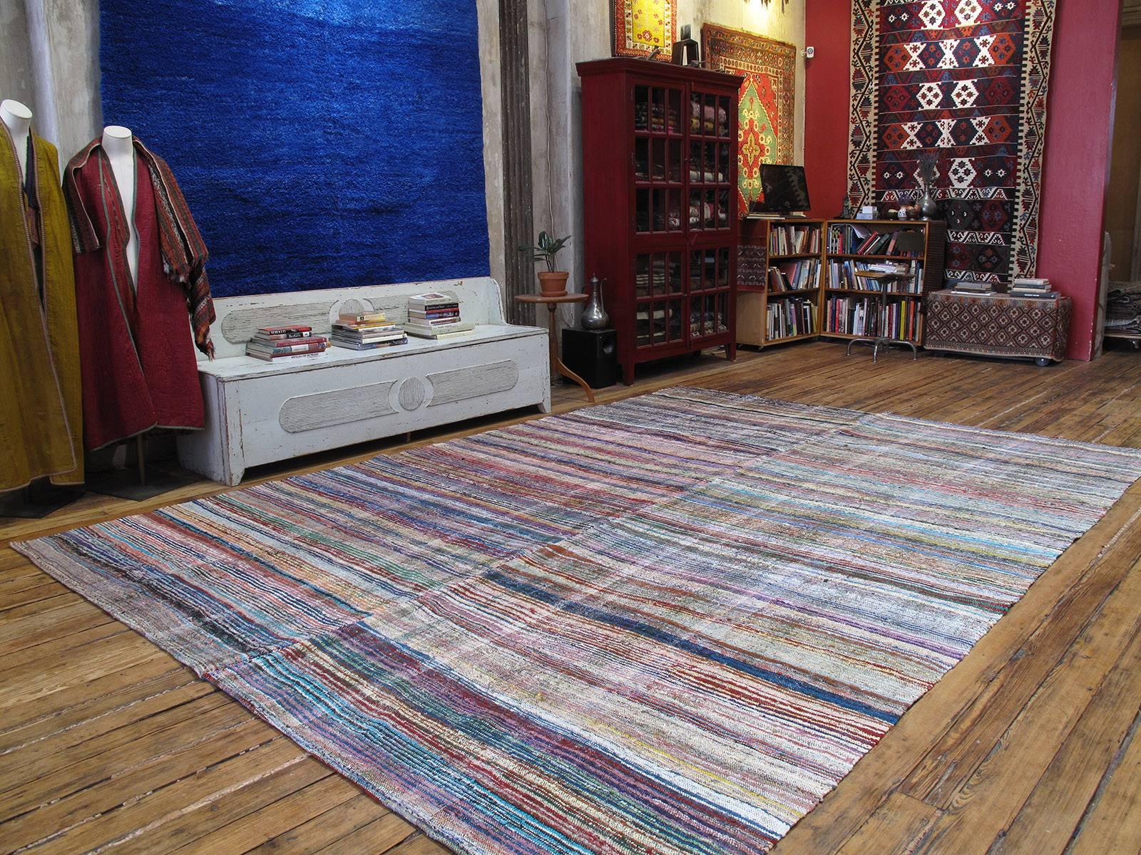 An old flat-weave from Central Turkey, woven with an ingenious mixture of colorful cotton rag and goat hair, used as a sturdy, everyday floor cover in the weaver's household. Great modern appeal with its harmonious color palette and simple