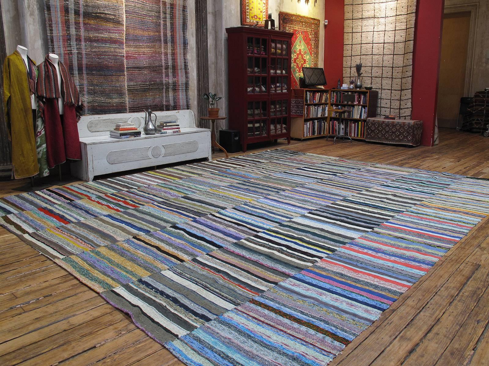 An old cotton rag kilim of very large proportions, woven in Western Turkey. Lovely colors, very well preserved.
(Size can be adjusted).