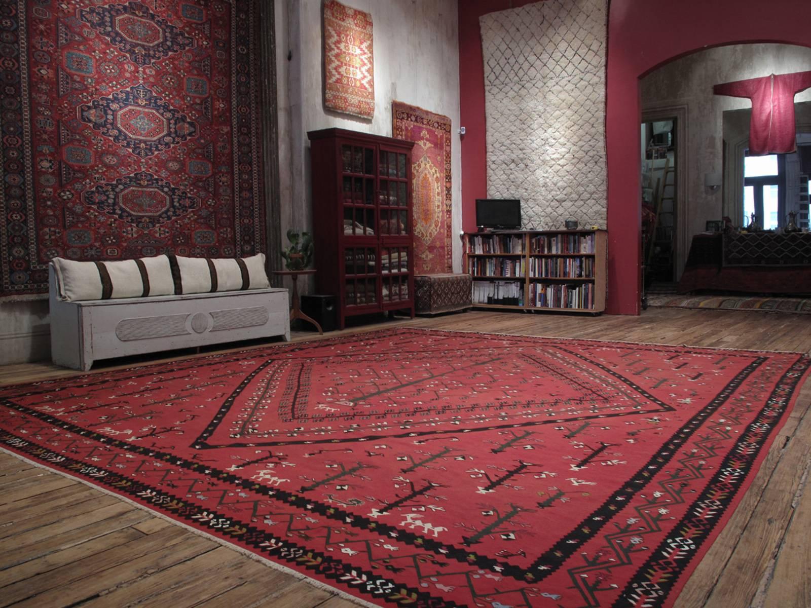 Large Sharkoy Kilim rug. A very large, finely woven Kilim rug from the border region between Serbia and Bulgaria, once part of the Ottoman Empire, where large kilims were woven for centuries as highly sought after floor covers. The designs,