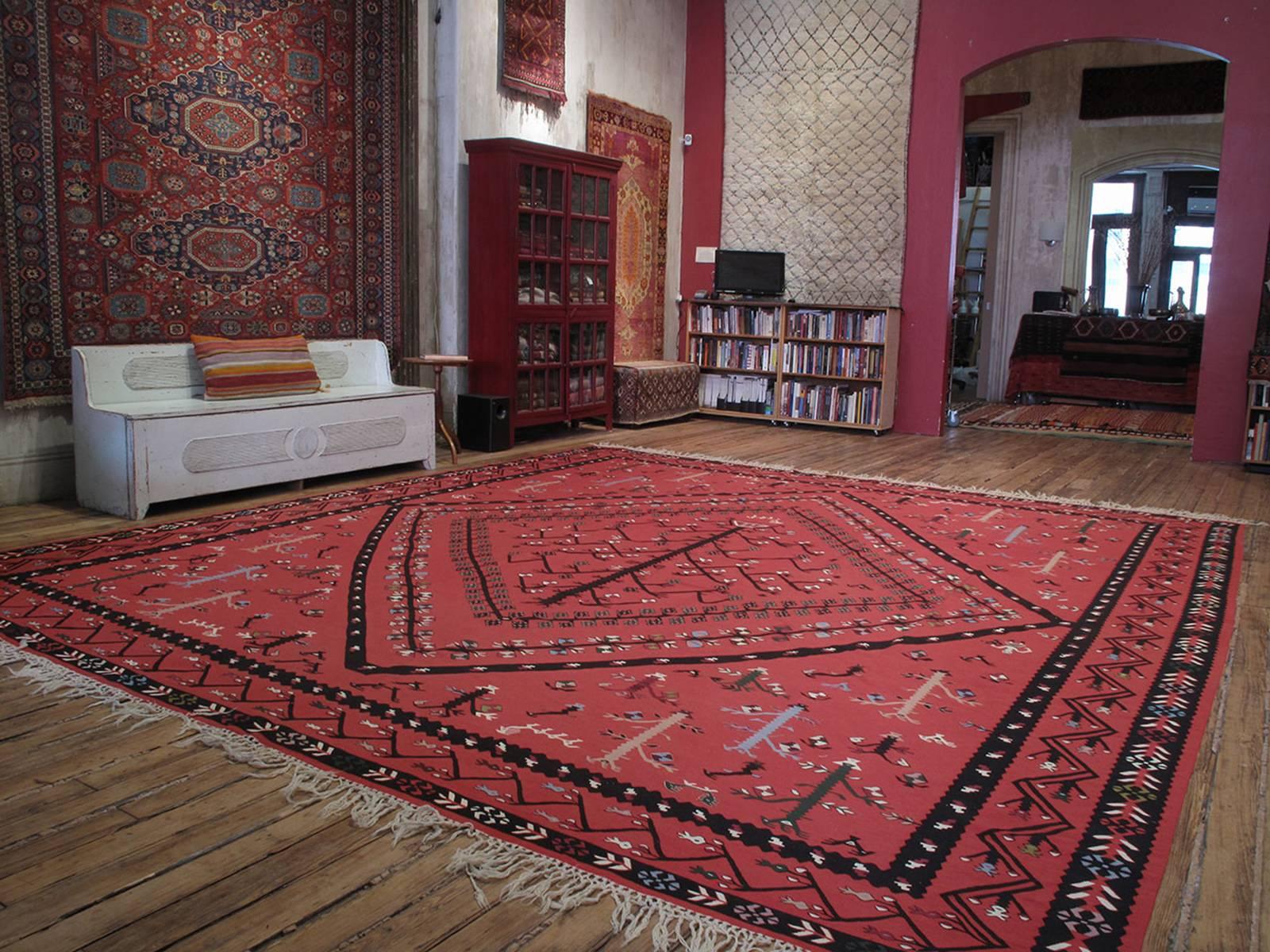 Large Sharkoy Kilim rug. A very large, finely woven Kilim rug from the border region between Serbia and Bulgaria, once part of the Ottoman Empire, where large kilims were woven for centuries as highly sought after floor covers. The designs,