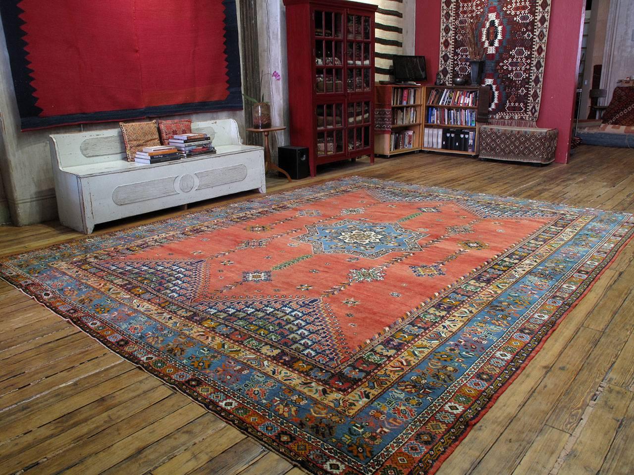 A fantastic old carpet from Morocco, possibly from the workshops of Rabat, which produced large carpets for urban patrons. This is a weaving tradition distinct from and unrelated with the rugs of the country's Berber tribes. Rabat carpets often