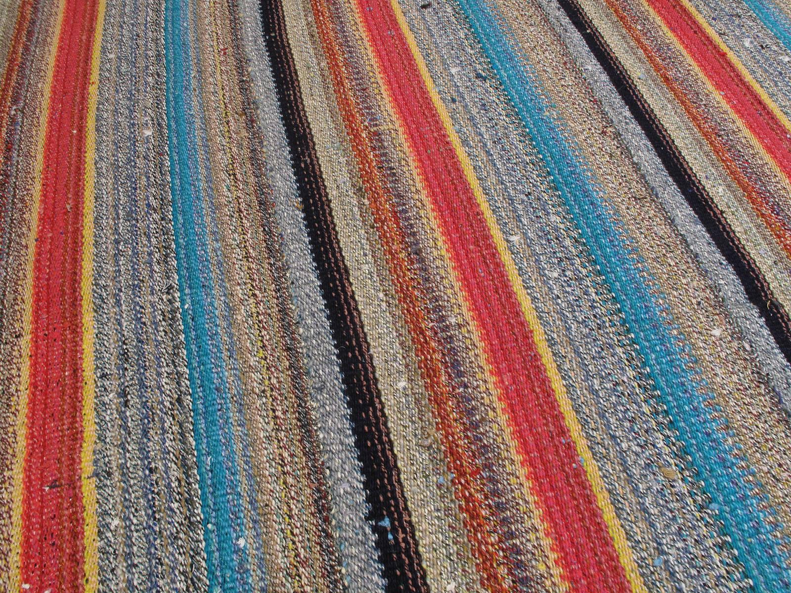 Hand-Woven Large Kilim Rug with Colorful Stripes