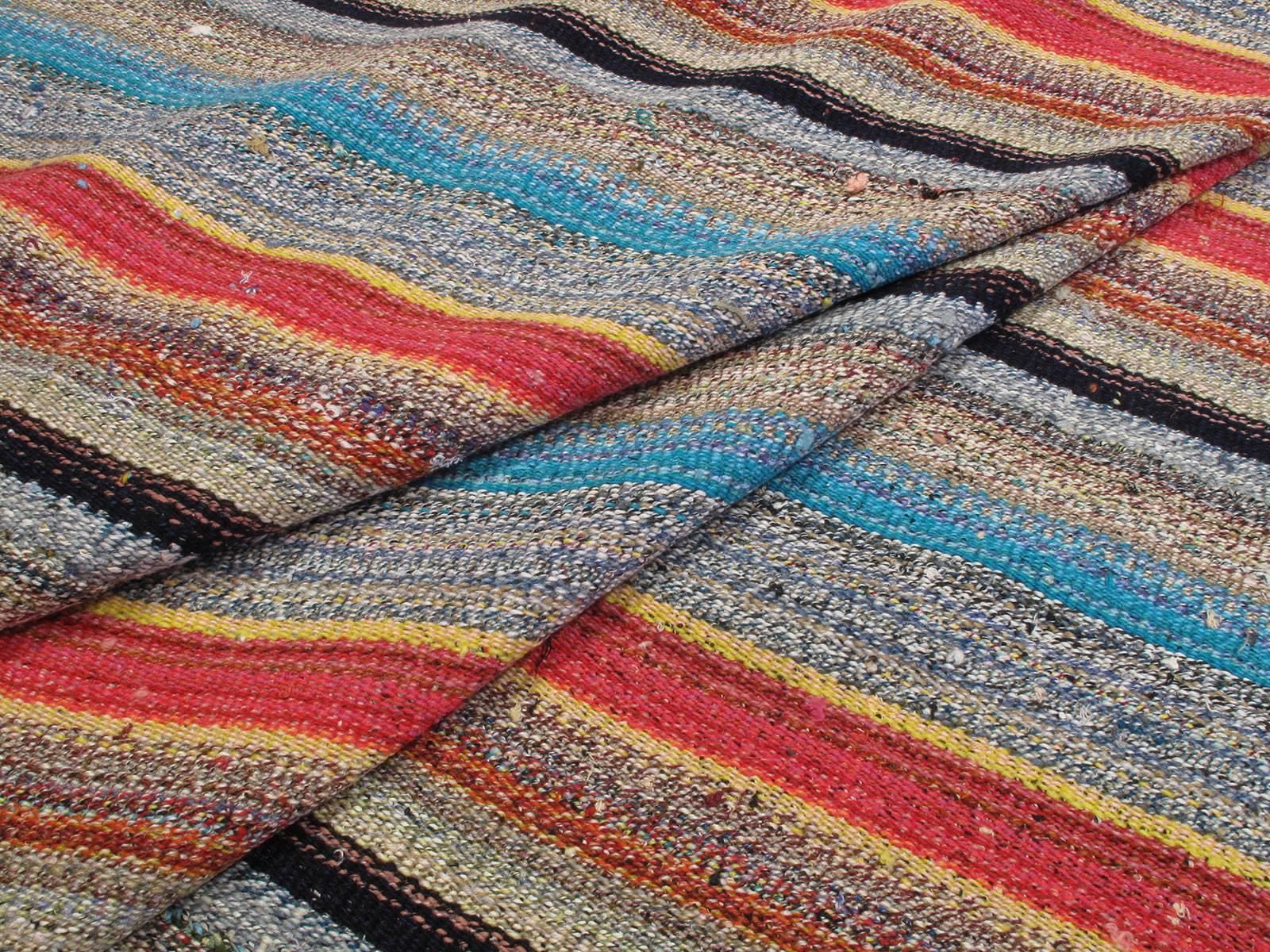 20th Century Large Kilim Rug with Colorful Stripes