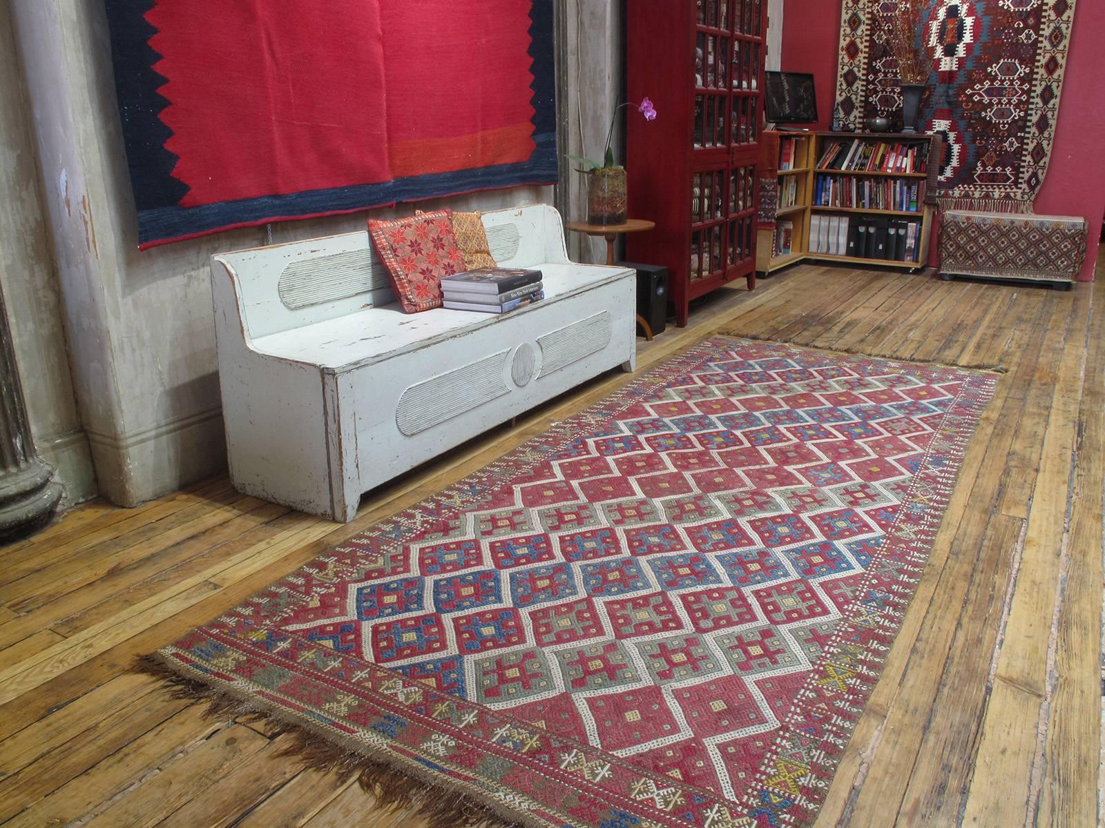 Antique Sivrihisar Jijim rug. An antique tribal flat-weave from West-Central Turkey, rug is woven in the intricate 