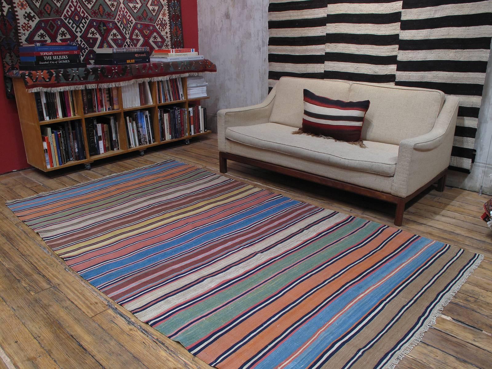 Banded Shahsavan Kilim rug. A simple old tribal flat-weave rug from Azerbaijan with lovely colors.